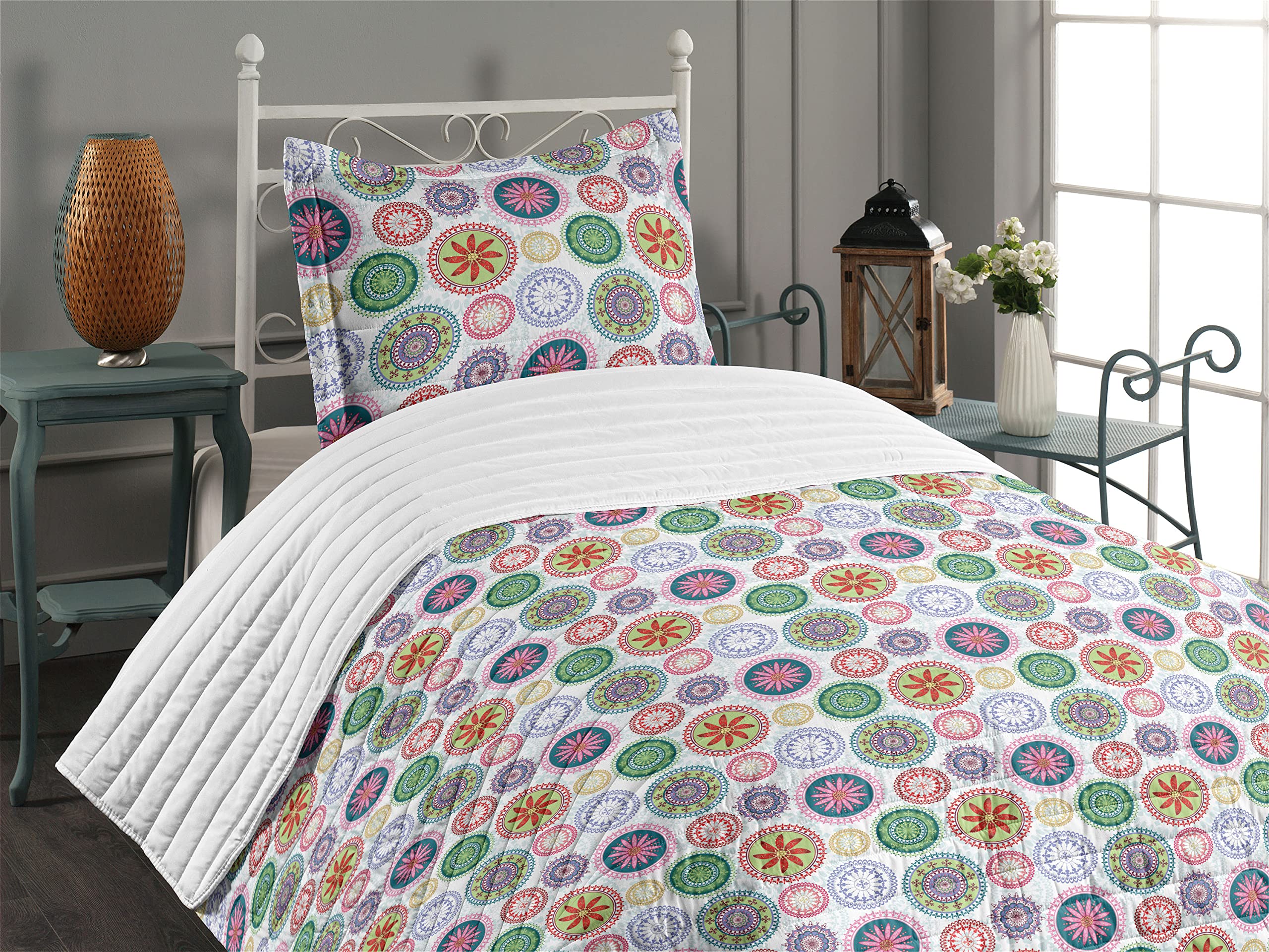 Ambesonne Mandala Microfiber Bedspread Set - Twin Size Floral Circular Design with Pillow Sham & Comforter | Soft Oriental Abstract Bedding for Bohemian & Meditation Rooms