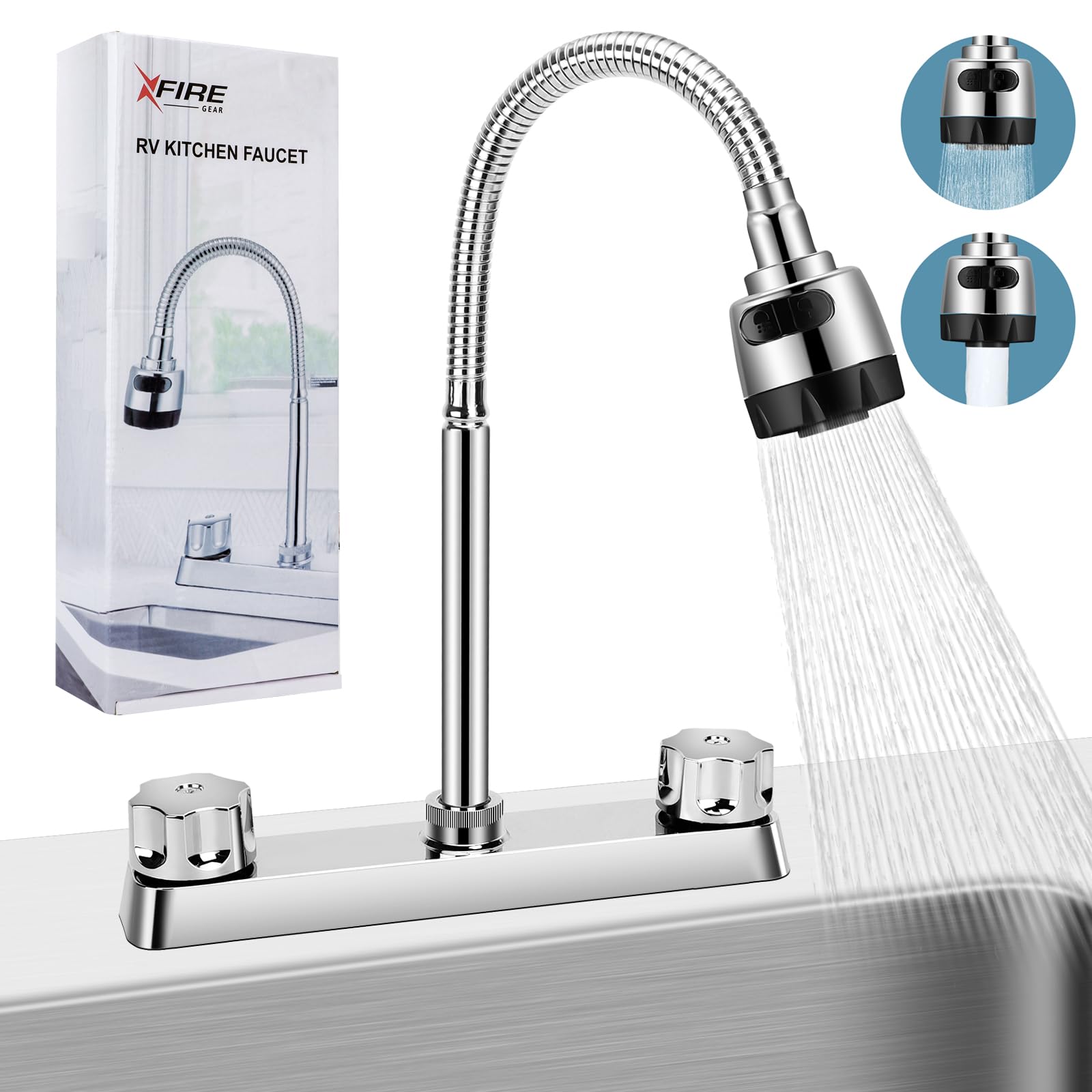**XFIRE-GEAR 360° Rotatable RV Kitchen Faucet with Dual Function Sprayer - Flexible Arc Design for Motorhomes & Travel Trailers (8
