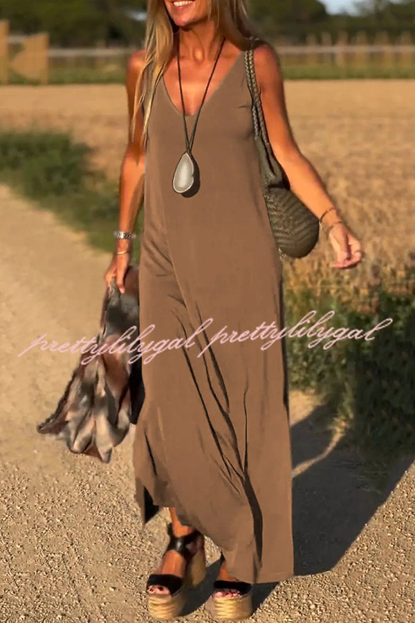 Elegant Solid Color V-Neck Sleeveless Maxi Dress - Casual Loose Fit Summer Beach Dress for Women | Perfect for Vacation, Date Night & Outdoor Events