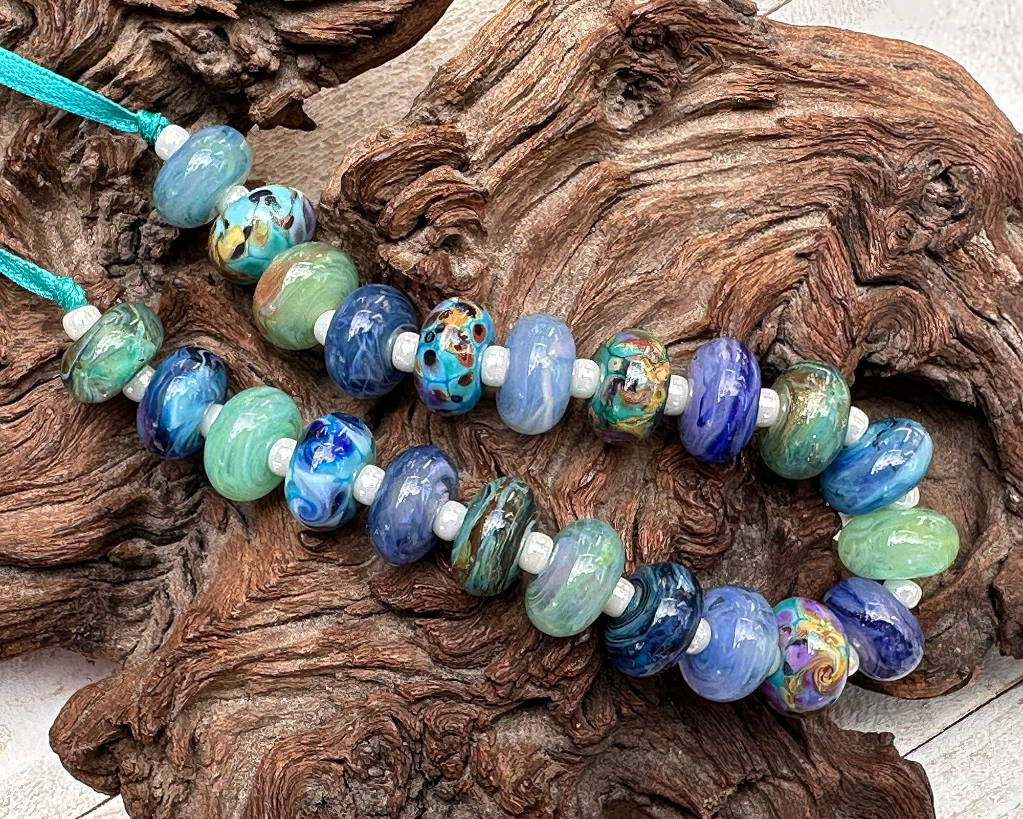 22 Blue Green Orphan Lampwork Beads Set SRA - Handmade Glass Beads for Jewelry Making, DIY Crafts, Bracelets & Necklaces - Perfect for Beaders and Craft Enthusiasts