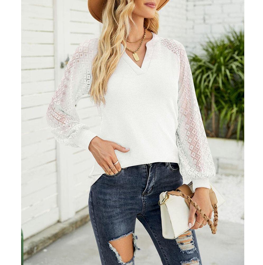 Women's Long Sleeve Lace Blouse - V-Neck Waffle Knit Tunic Top for Casual Spring Wear | Perfect for Office, Date Night & Weekend Outfits