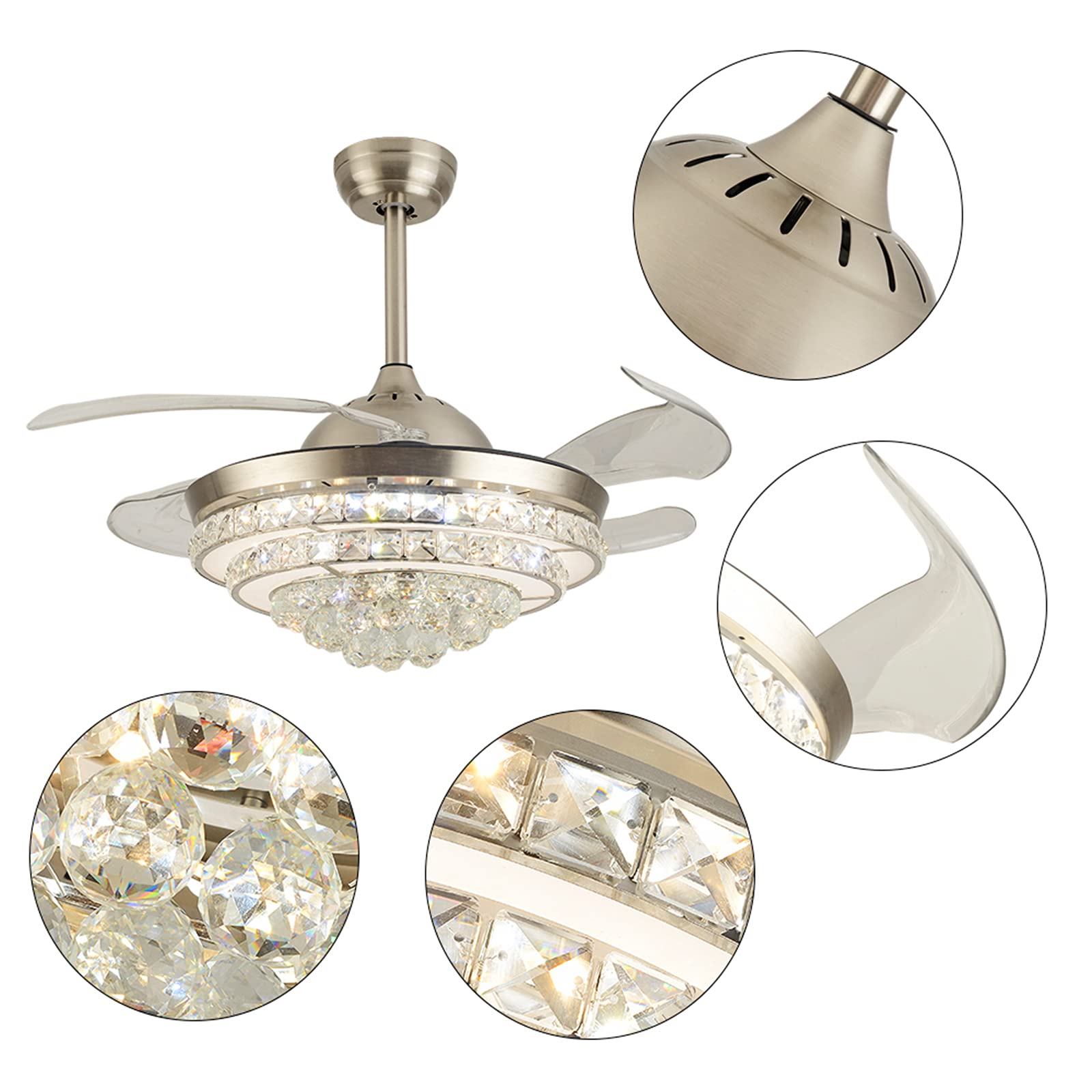 42 Inch Retractable Crystal Ceiling Fan with Remote Control - 3 Speed LED Chandelier Fan, Ultra Quiet Modern Invisible Ceiling Fan Light for Living Room, Dining Room, Bedroom - Silver | Perfect for Home Cooling & Stylish Lighting