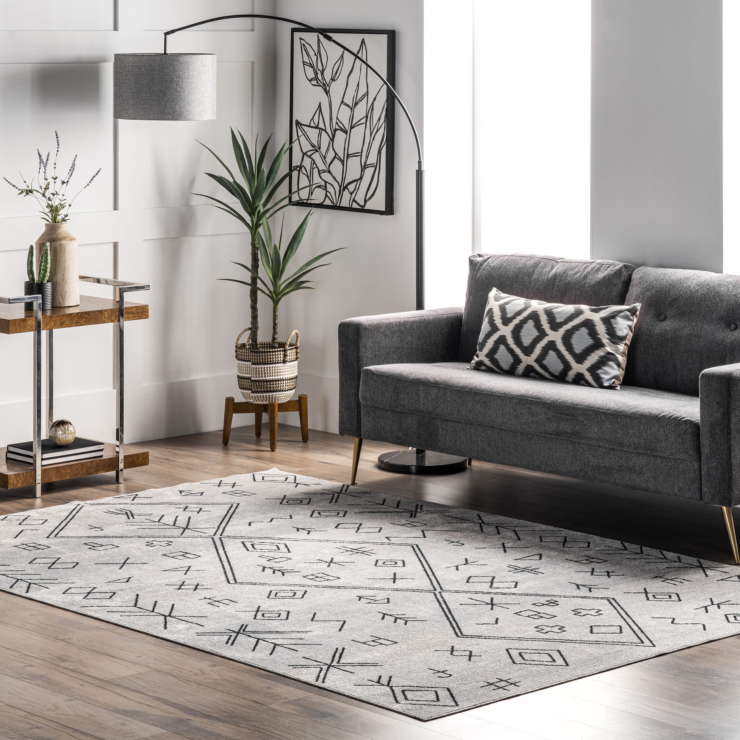 nuLOOM Paige Machine Washable Moroccan Motif Area Rug 10' x 14' Grey - Soft Living Room Rug for Bedroom, Dining Room & Home Decor
