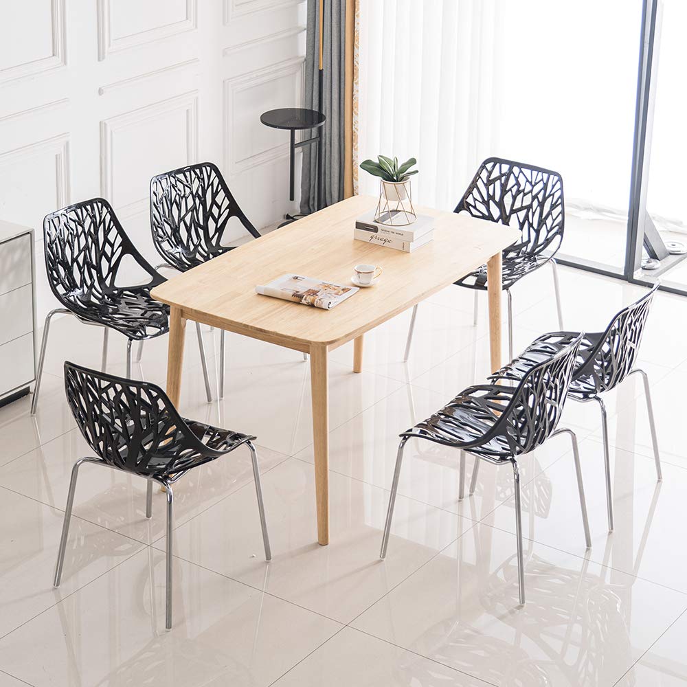 Bonnlo Modern Black Dining Chairs Set of 6 - Stackable Plastic Saping Birch Chairs for Kitchen, Dining Room, Office & Restaurant - Space Saving Furniture for Small Spaces & Compact Homes (6-Pack, Black)