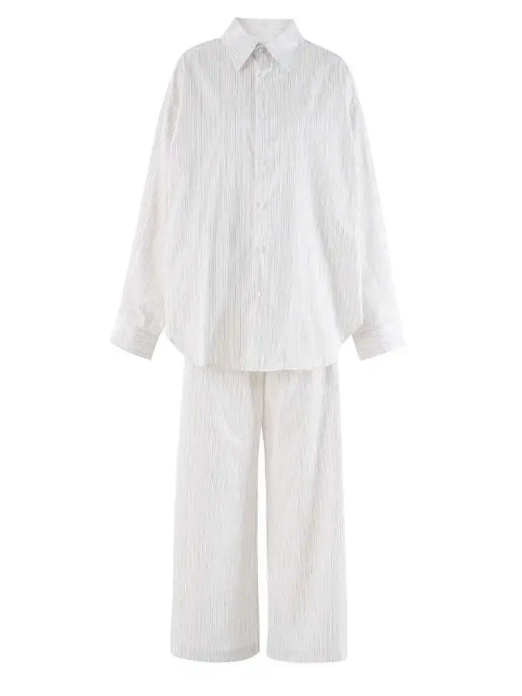 Big Size Striped Shirt & Wide Leg Pants Two-Piece Suit for Women | Lapel Long Sleeve Fashion Set | Spring Autumn 2025 Trendy Outfit | CPG19730 | Perfect for Office, Dating & Casual Wear