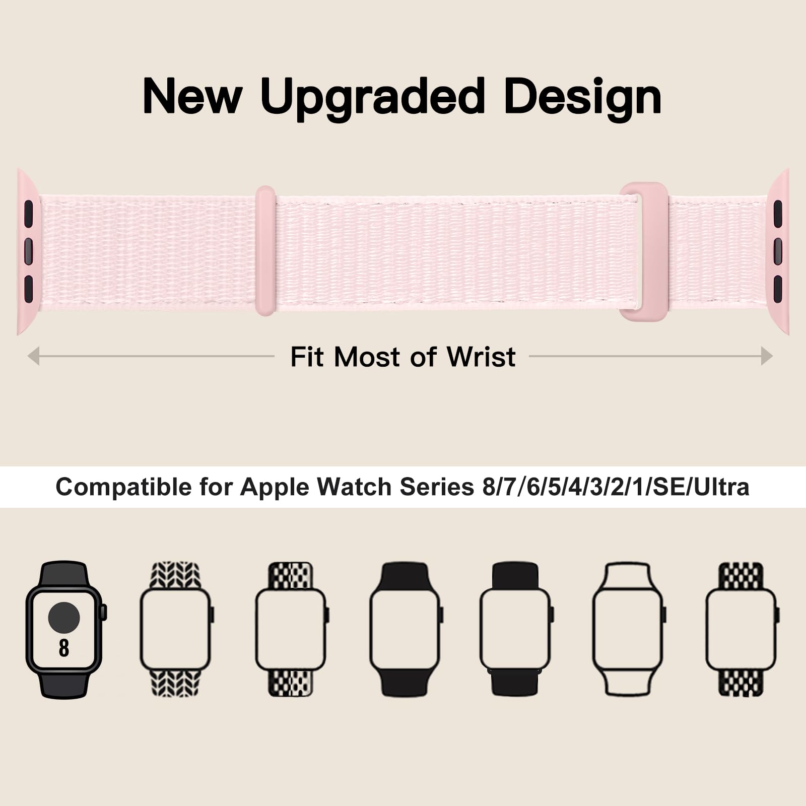 Yoohoo Soft Nylon Replacement Watch Band Compatible with Apple Watch Series 10/9/8/7/6/5/4/3/2/1/SE - 38mm 40mm 41mm 42mm Sizes for Men & Women (Rose Pink) - Perfect for Workouts, Running & Everyday Wear