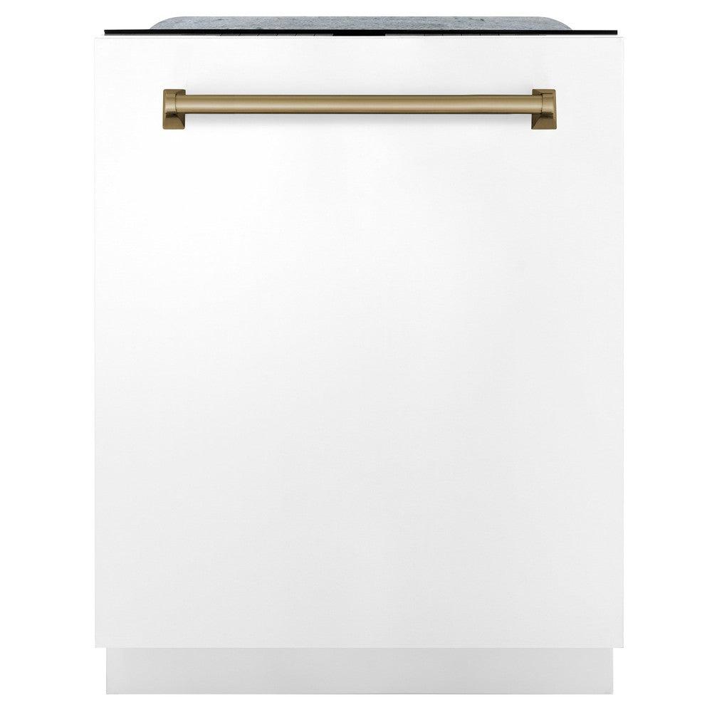 ZLINE Autograph Edition 24 Inch Monument Series 3rd Rack Dishwasher - White Matte with Champagne Bronze Handle, Ultra Quiet 45dBa, Top Touch Control, Tall Tub Design | Perfect for Modern Kitchens, Open Concept Homes & Luxury Apartments