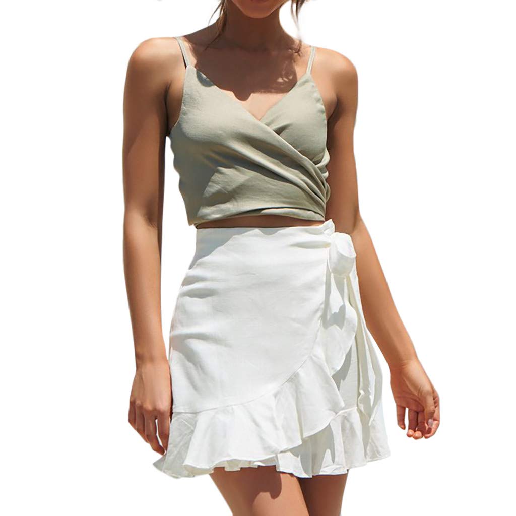 Stylish Women's Solid Color Ruffled Bandage Lace-Up Mini Skirt | A-Line Pleated Cow Print Skirt for Party, Club & Casual Wear