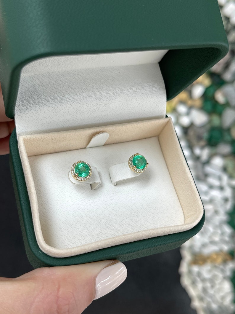 2.32tcw 14K Gold 8.5mm Round Emerald & Diamond Halo Stud Earrings for Women - Elegant Green Gemstone Jewelry Gift for Birthday, Anniversary & Special Occasions