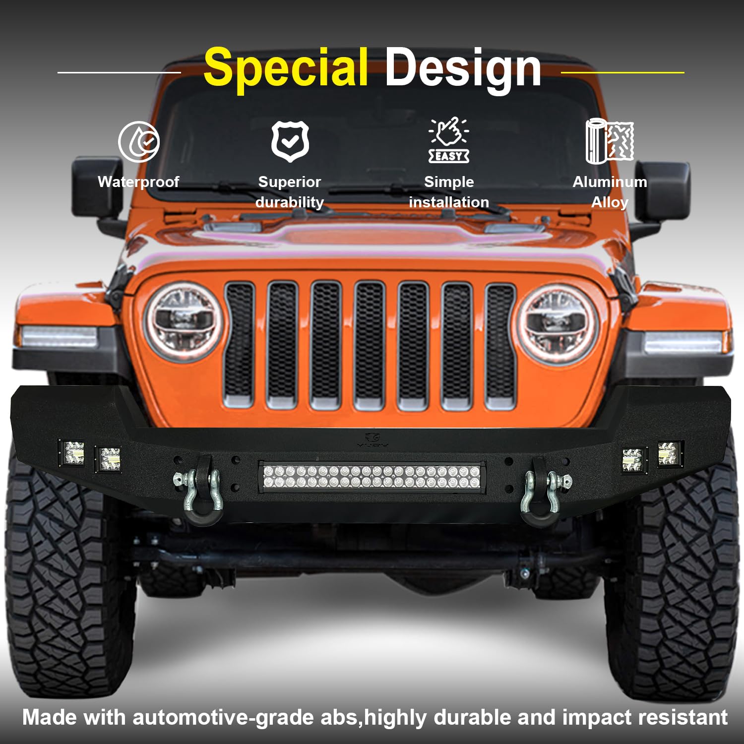 2007-2025 Jeep Wrangler JK/JKU/JL/JLU & 2020-2025 Gladiator JT Truck Front Bumper - Textured Black with 5 Aluminum LED Lights & 2 Heavy-Duty 4.75T D-Rings | Off-Road Protection & Adventure-Ready Accessory