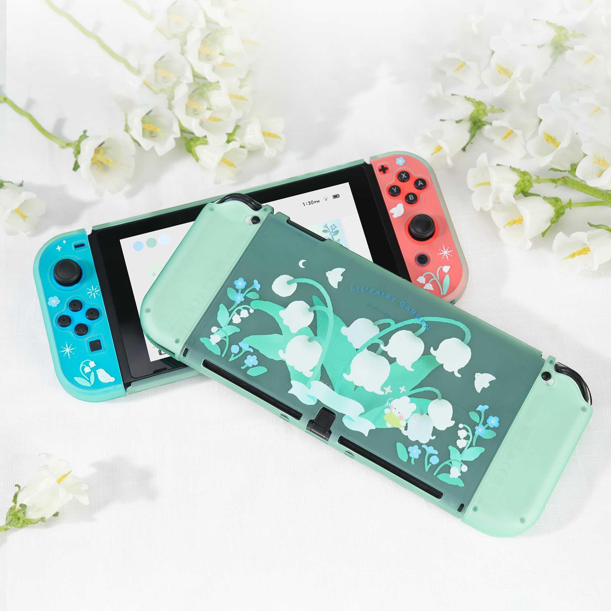 GeekShare Kawaii Nintendo Switch Protective Case - Hard PC Shell Compatible with Standard & Switch Slim - Lily of The Valley Design | Perfect for Gaming, Travel & Everyday Protection