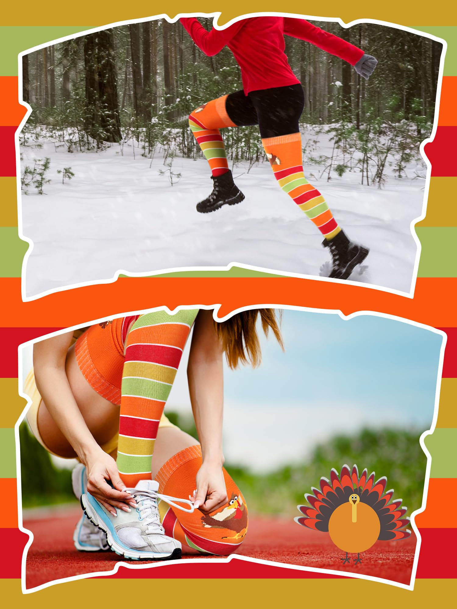 Liitrsh 4 Pairs Turkey Themed Over The Knee Socks - Fall Thanksgiving Striped Fuzzy Stockings for Women - Perfect for Running, Gifts & Holiday Outfits