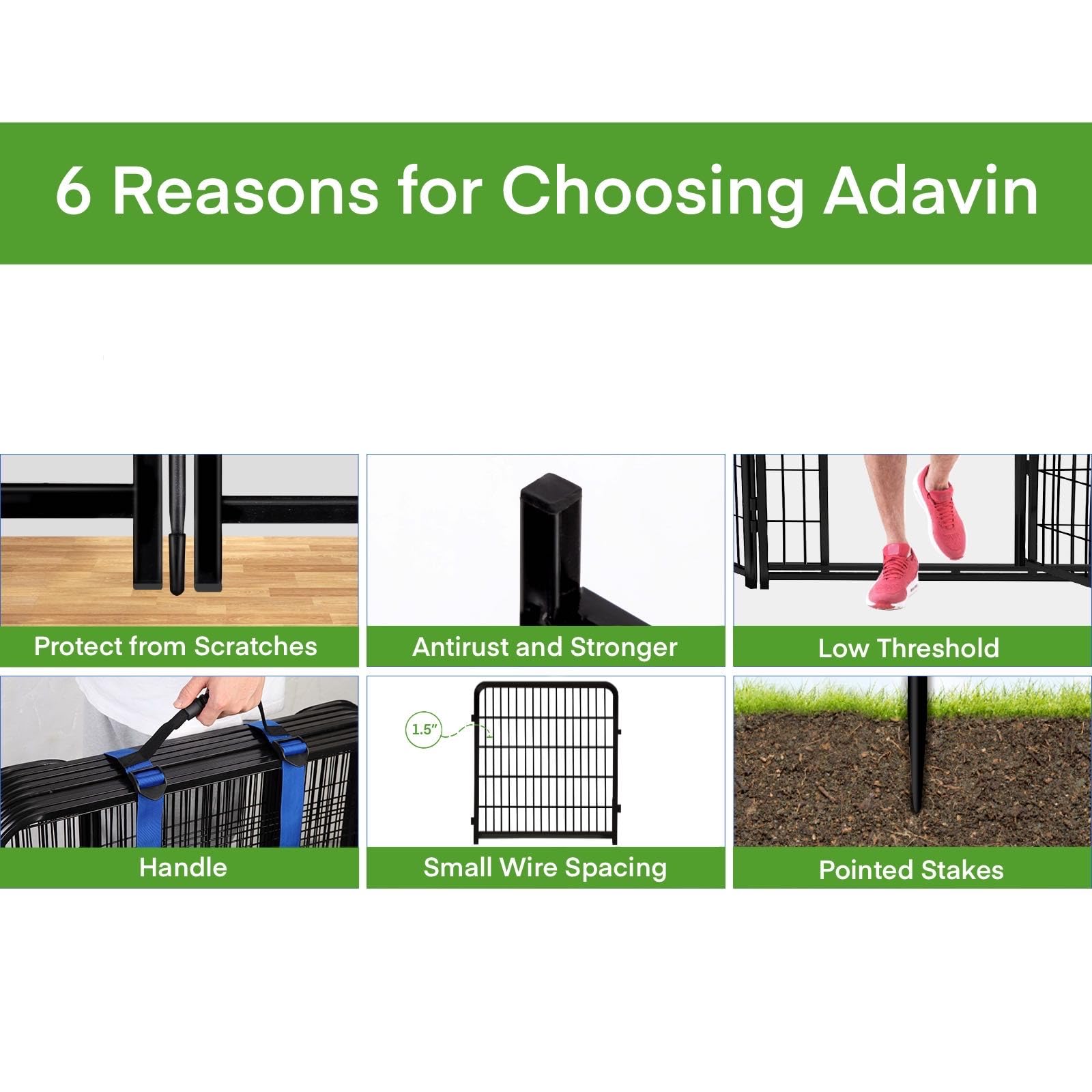 ADAVIN 36 Inch Tall Garden Fence with Low Threshold Door - 8 Panels (17.7 Ft Length) for Dog Playpen, Yard Barrier & Outdoor/Indoor Use - Durable Anti-Dig Pet Fence for Backyard, Lawn & Garden Protection