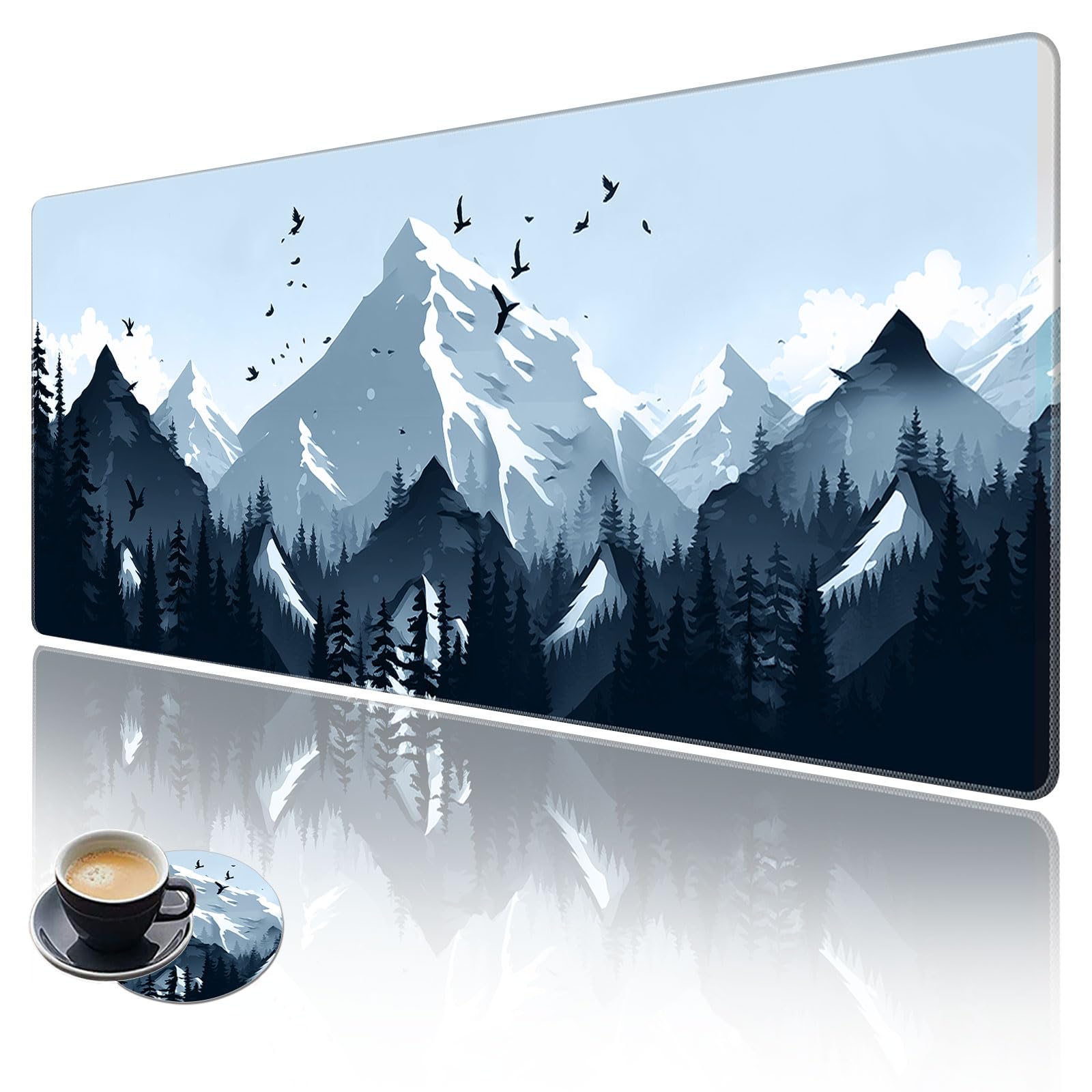 XXL Extended Mouse Pad with Coaster - 31.5x11.8 Inch Large Desk Mat with Non-Slip Base & Stitched Edge - Mountain Forest Design - Perfect for Gaming, Office Work & Home Computer Setup
