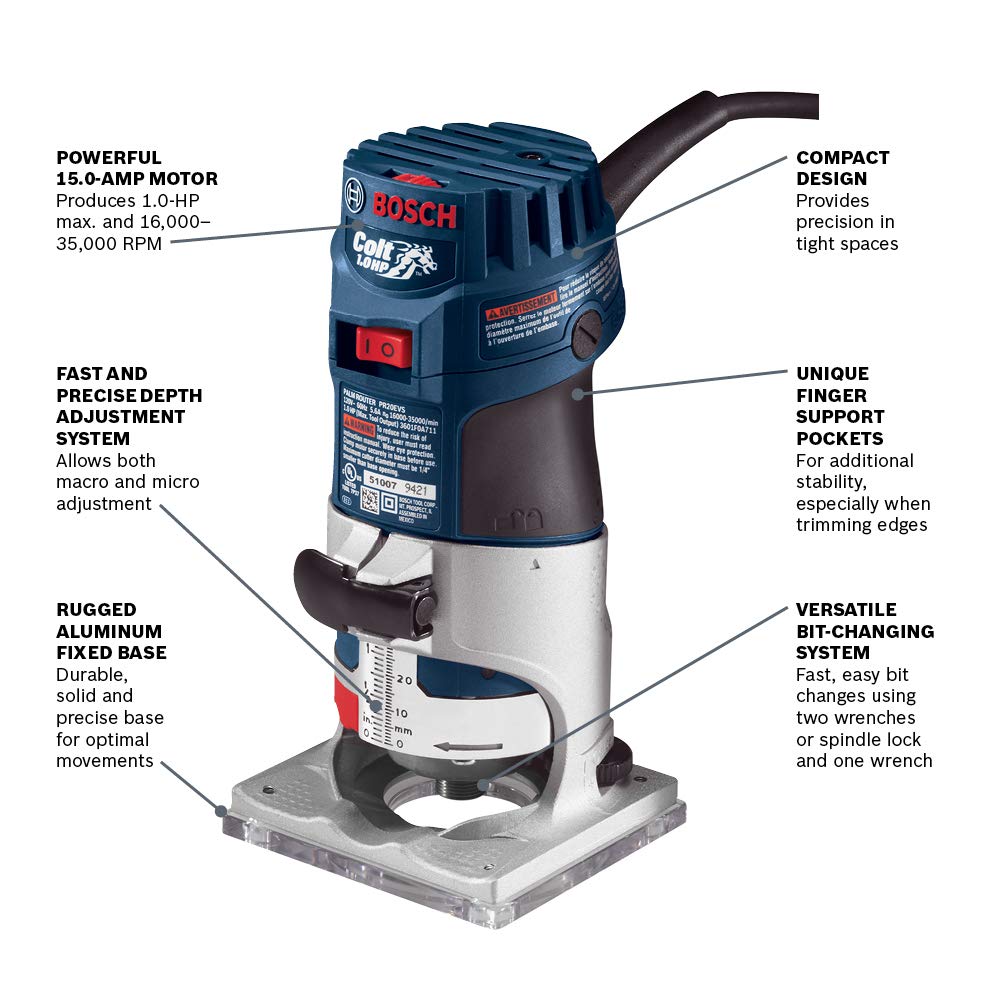 Bosch Colt PR20EVS 1.25 HP Variable Speed Palm Router Kit with Plunge Base - Perfect for Woodworking, DIY Projects, and Precision Edge Trimming