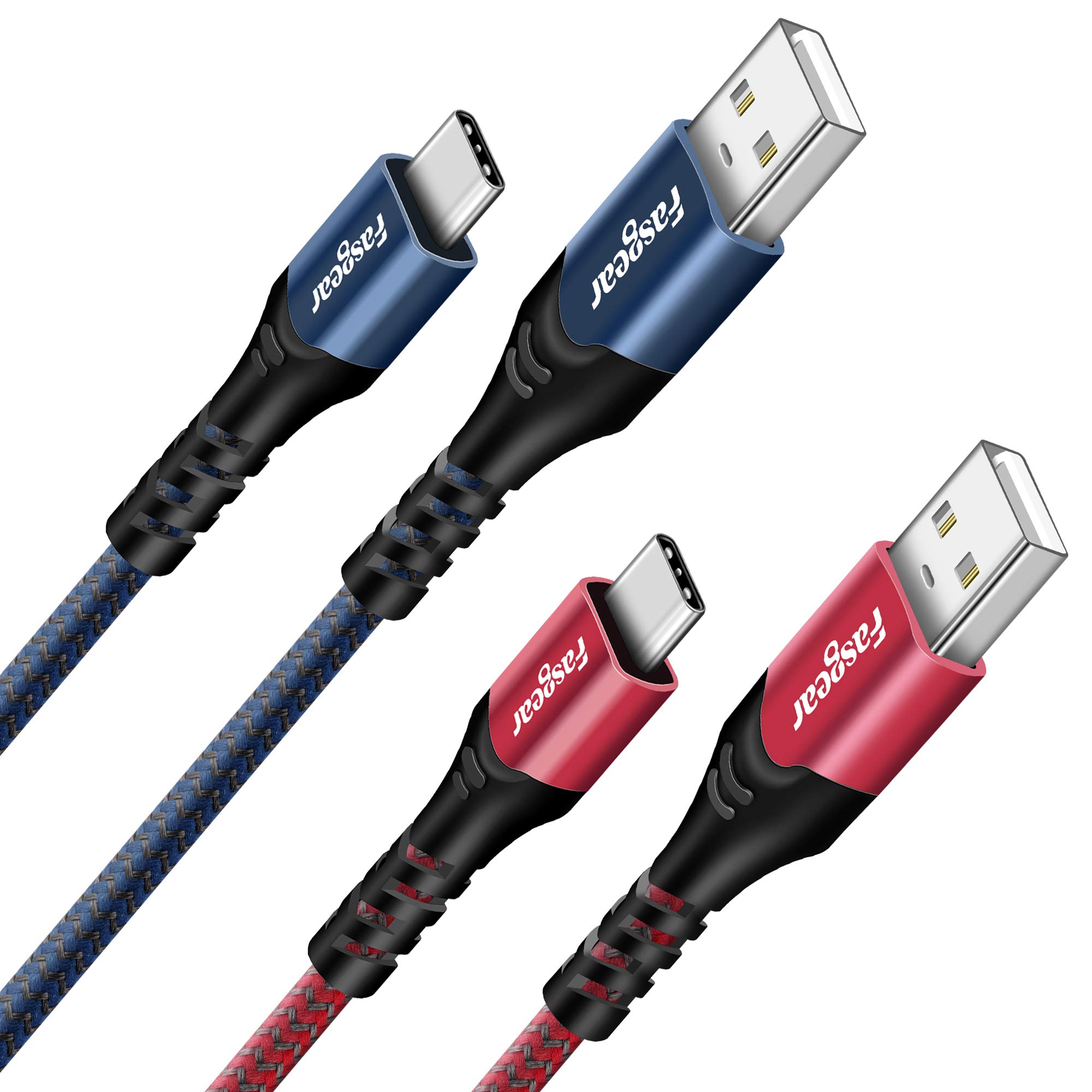 Fasgear 10ft USB C to USB A Cable 2-Pack, 3A Fast Charging Braided Cord - Compatible with PS5 Controller, Samsung Galaxy S23/S22/Note10, LG G5/G6, Moto Z2, iPad 2022, USB-C Kindle (Blue & Red) - Perfect for Gaming, Travel & Home Charging