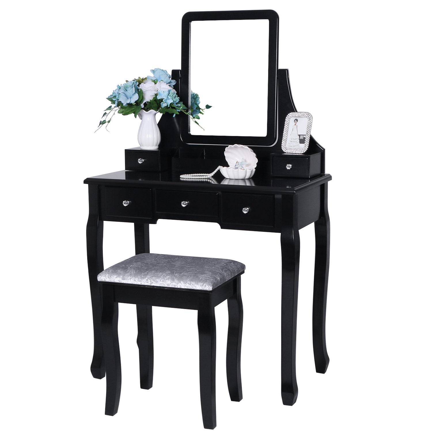 BEWISHOME Vanity Table Set with Mirror & Cushioned Stool - 5 Drawers, 2 Dividers, Movable Organizers - Black Dressing Makeup Table (FST01H) for Bedroom, Dressing Room & Beauty Salon