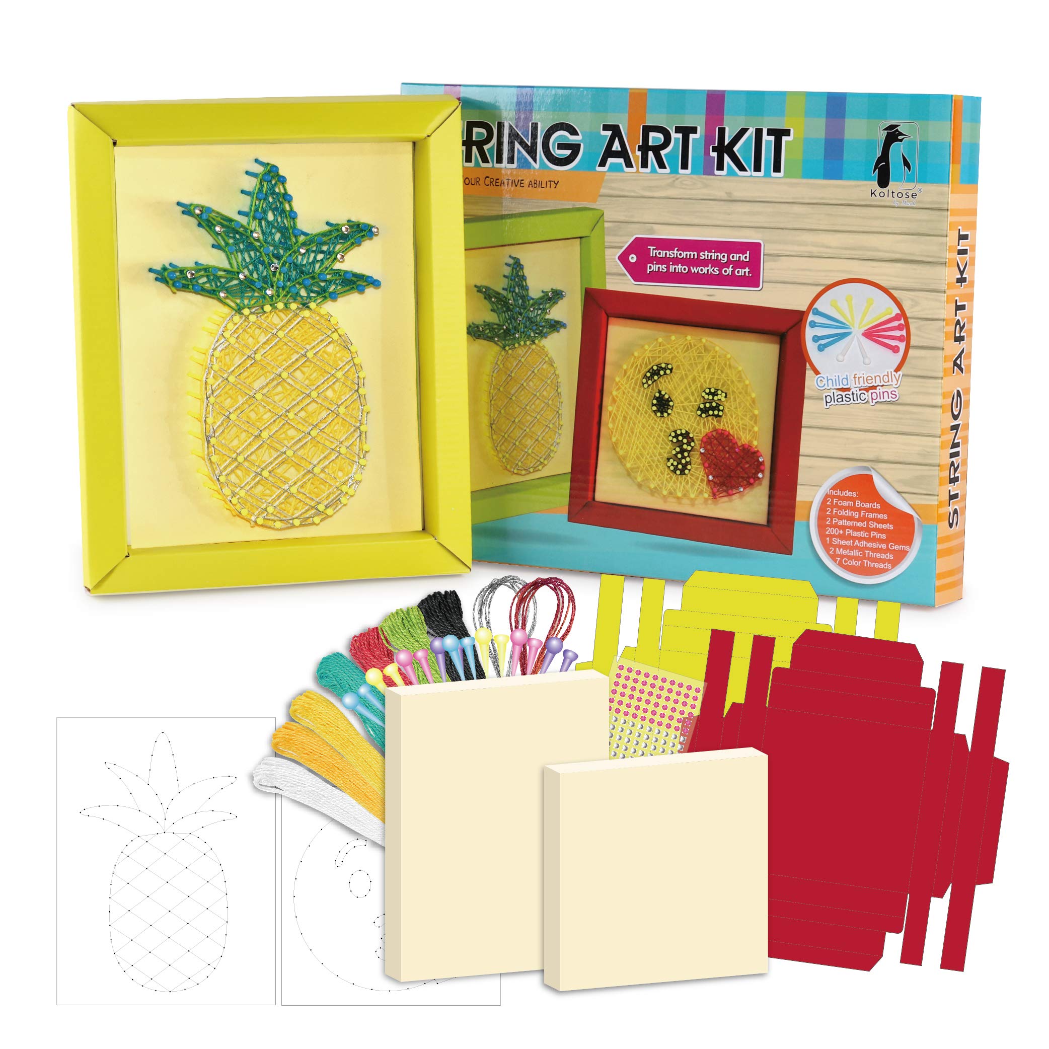 Kids String Art Kit - Pineapple & Emoji DIY Craft Set for Boys & Girls | Create 2 Large Framed String Art Canvases | Fun Creative Activity for Birthday Parties, Classroom Projects & Home Decor