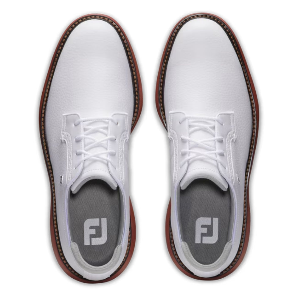 FootJoy Men's Traditions Blucher Cleated Golf Shoes - White/White/Brick - Comfortable & Durable for Golfing & Walking on Course