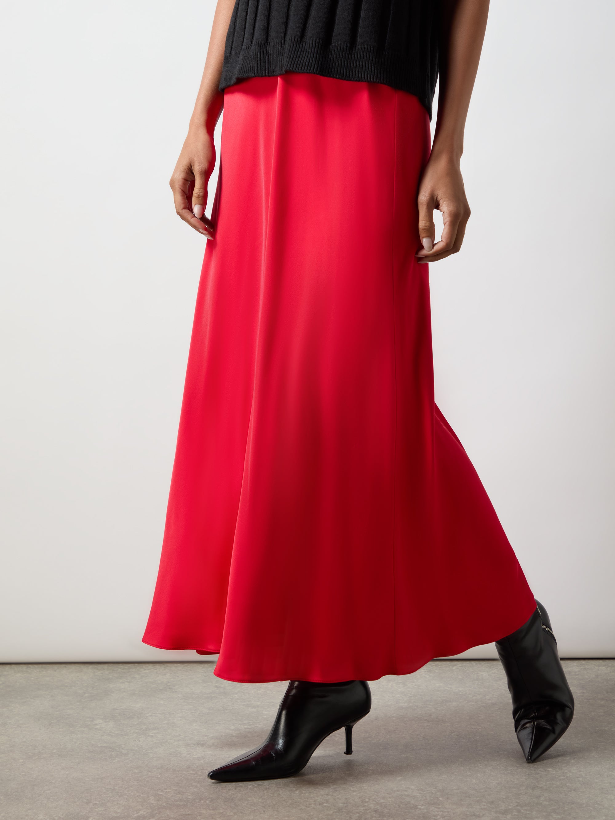 Elegant Red Satin Bias Cut Skirt for Women - Flowy A-Line Midi Skirt with Slit - Perfect for Parties, Date Nights & Special Occasions