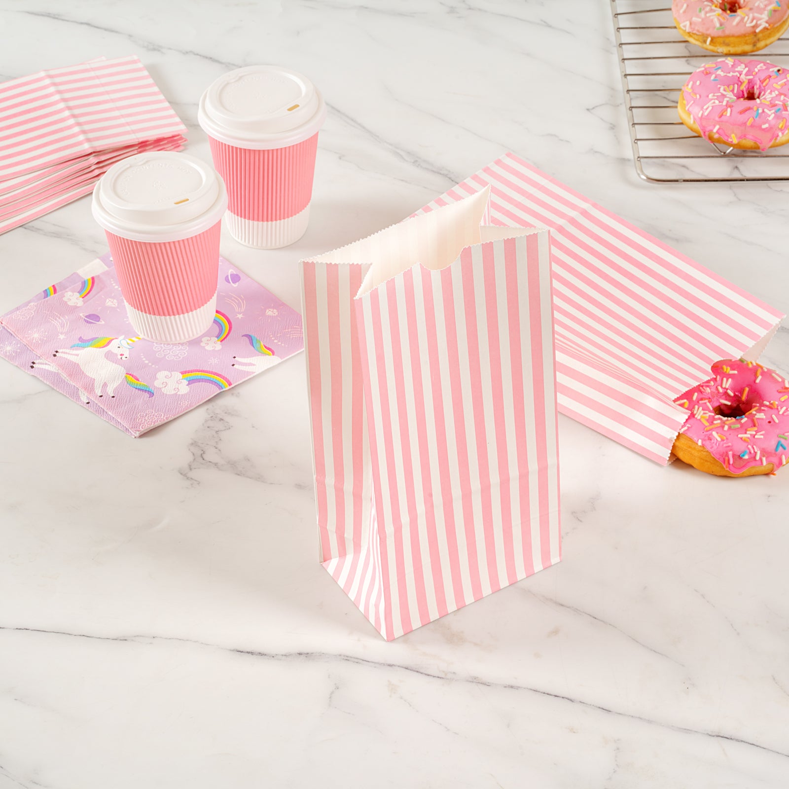 Pink and White Striped Paper Bags - 4 lb Capacity, 5 x 3.25 x 9.5 Inches - Pack of 100 - Perfect for Party Favors, Gift Packaging & Retail Shopping Bags