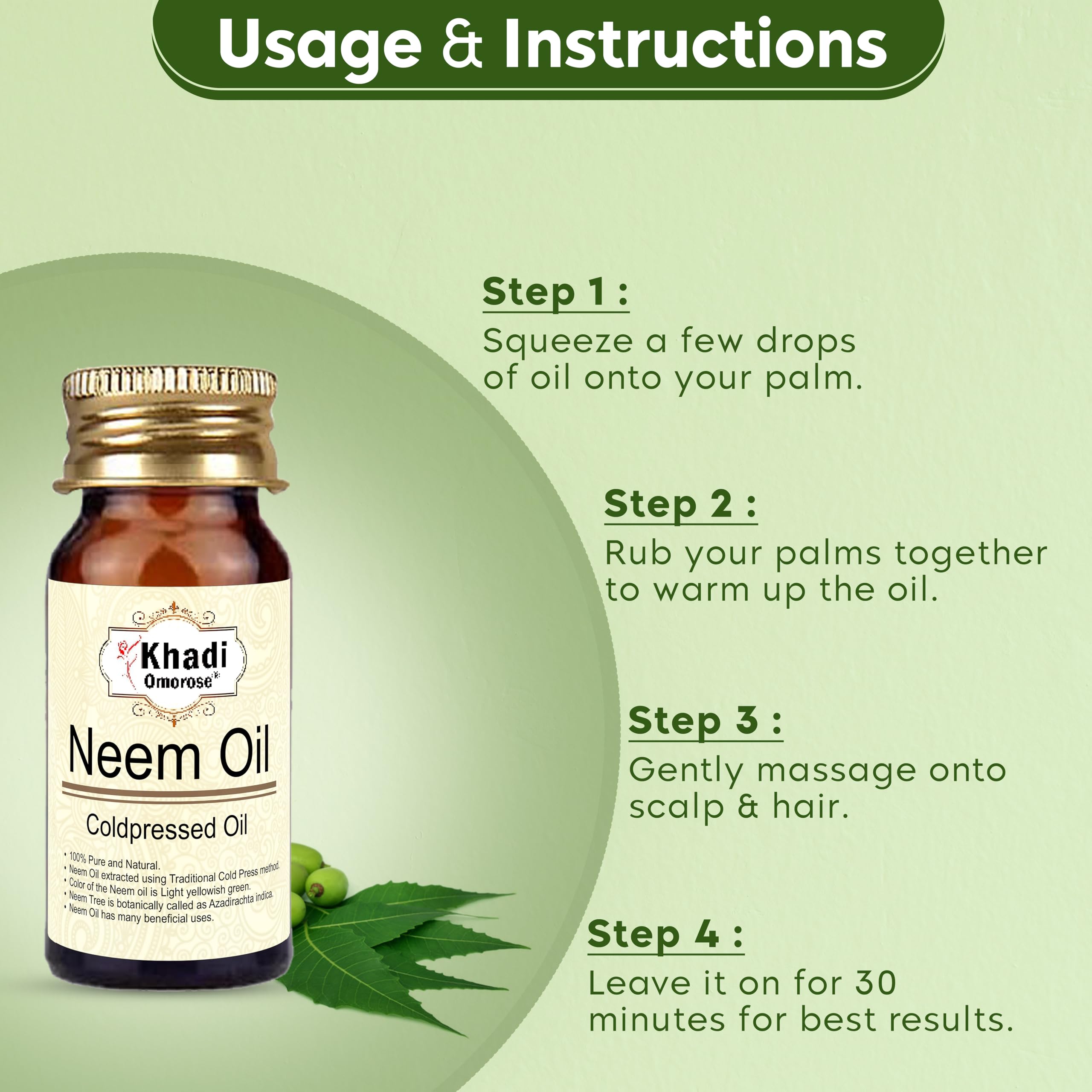 Khadi Omorose 100% Pure Cold-Pressed Neem Oil - 30ml | Organic Carrier Oil for Hair, Skin & Nails | Natural Ayurvedic Treatment for Acne, Dandruff & Scalp Care