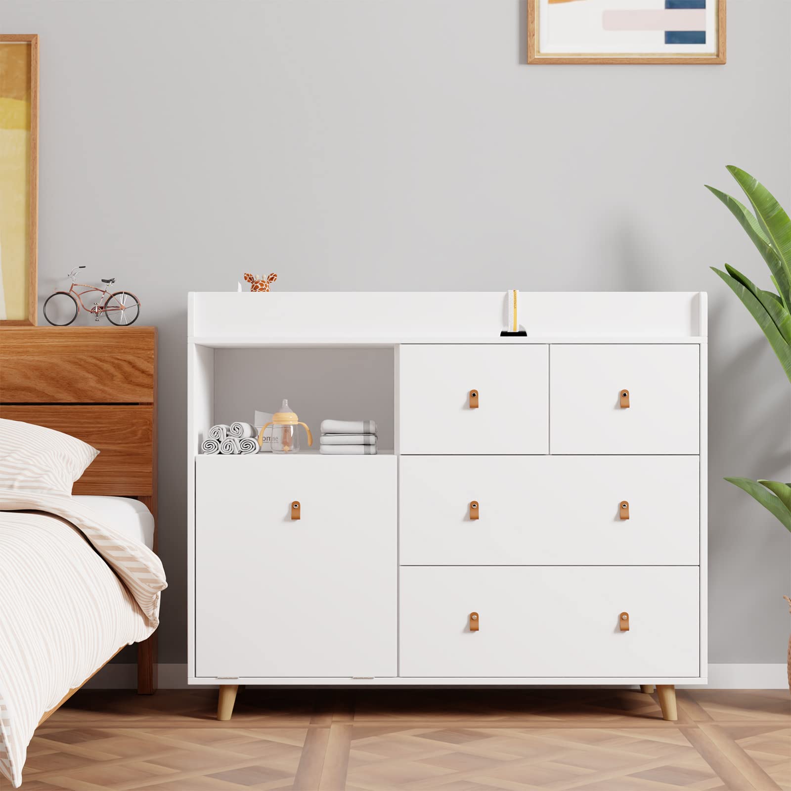 Baby Changing Table with Drawers & Hidden Trash Storage - 45 Inch Nursery Dresser, Infant Changing Station & Storage Chest - White - Perfect for Baby Nursery Organization & Diaper Changing Convenience