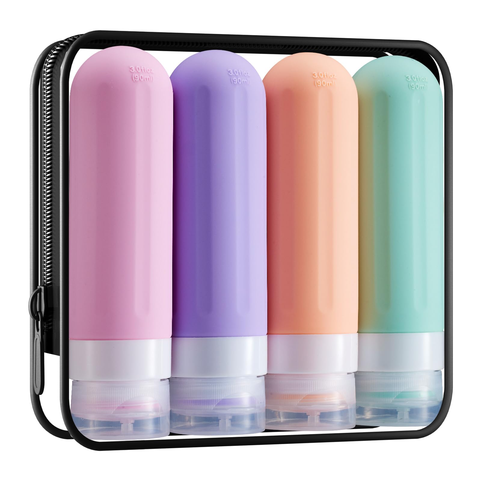 XMOSNZ 4-Pack Silicone Travel Bottles for Toiletries (90ml) - BPA Free, TSA Approved Refillable Shampoo & Conditioner Bottles with Clear Bag - Perfect for Air Travel, Gym, Camping & Vacation Essentials
