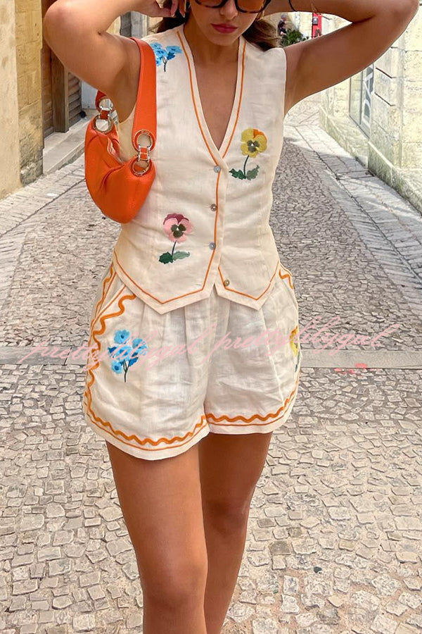 Stylish Summer Flower Printed Linen Blend Vest & Elastic Waist Shorts Set with Pockets - Casual Outfit for Beach Vacation, Picnic, and Summer Fashion