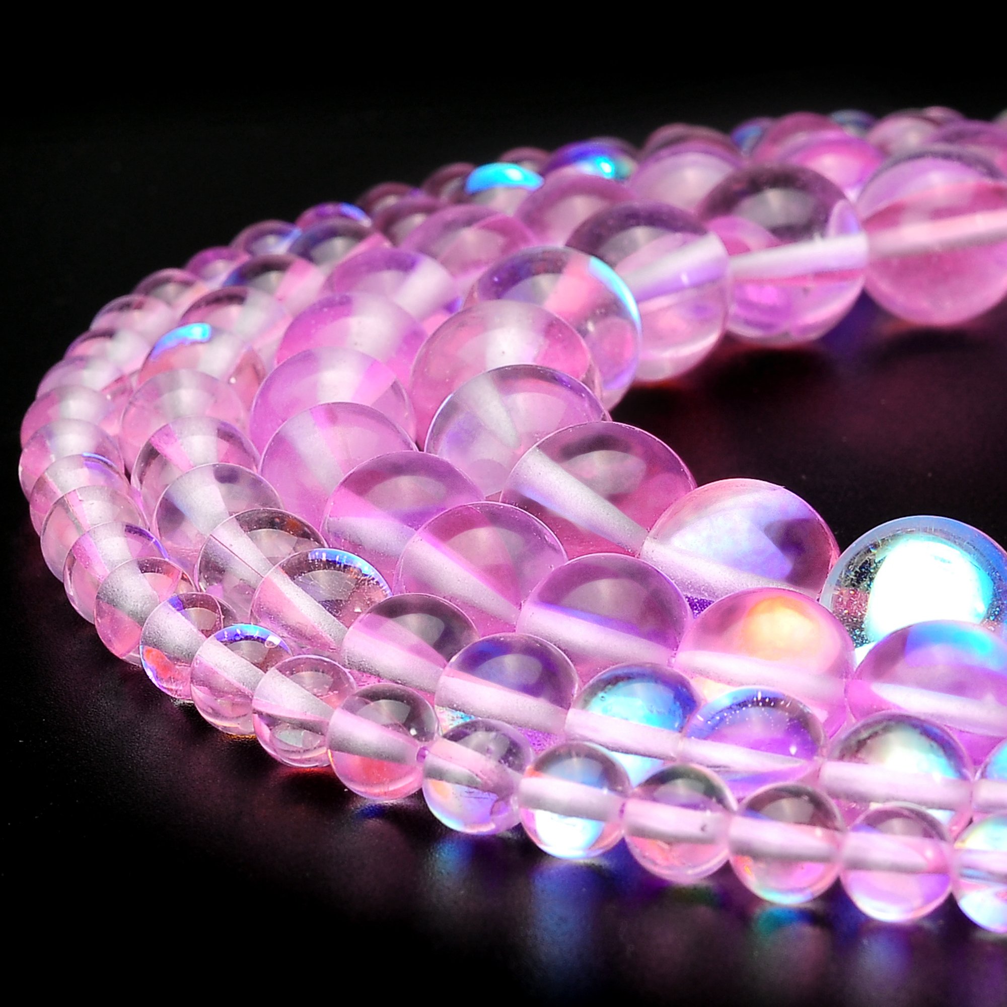 Pink Round Moonstone Crystal Glass Beads for Jewelry Making - 12mm Aura Iridescent Beads (1 Strand) - Perfect for Necklaces, Bracelets & DIY Craft Projects