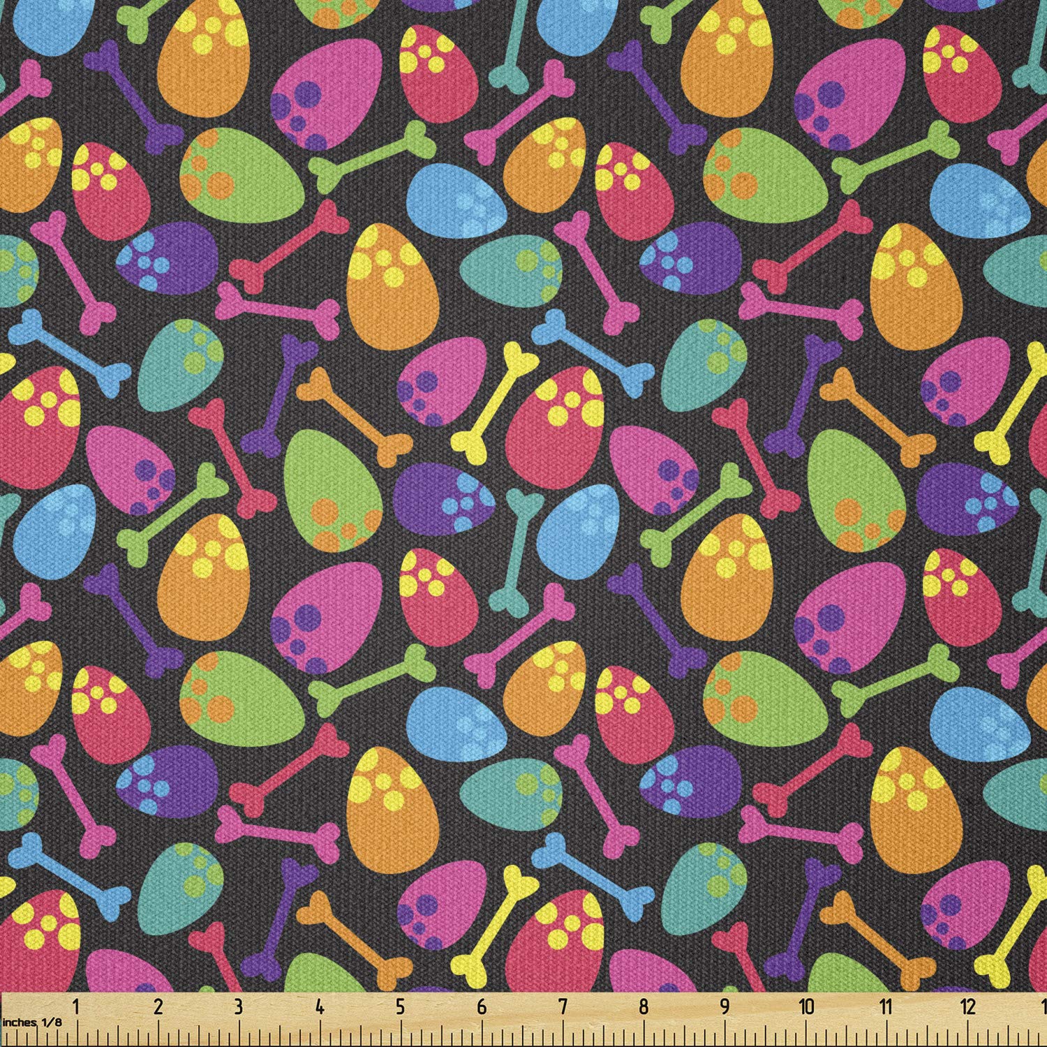 Ambesonne Velociraptor Dinosaur Fabric by The Yard - Stretch Knit Material for Clothing, Sewing & DIY Crafts - Dino Eggs & Bones Cartoon Print - 2 Yards Multicolor - Perfect for Costumes, Home Decor & Easter Projects