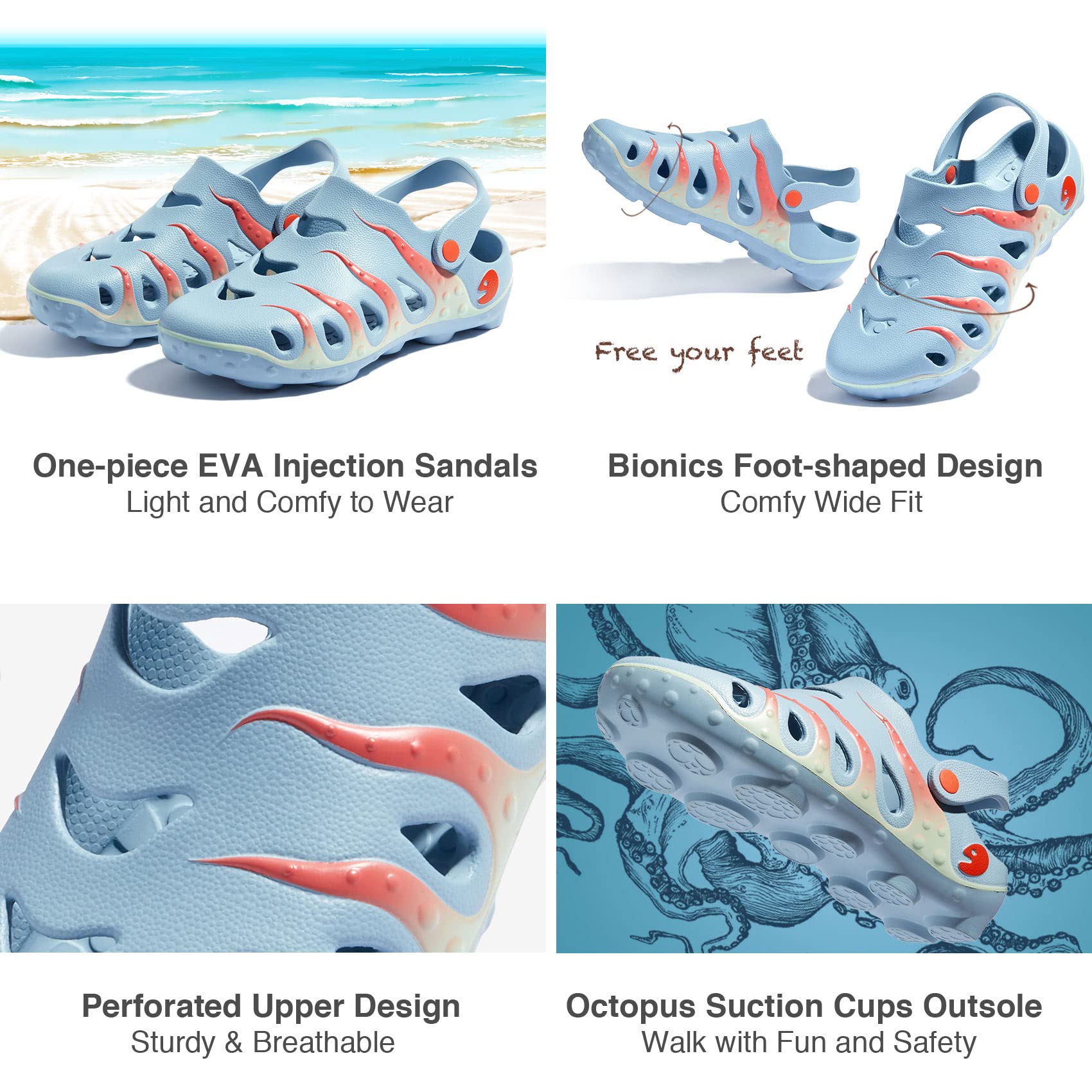 UIN Men's Clog Garden Shoes - Slip On Beach Outdoor Slippers & Sandals with Octopus Design - Perfect for Beach, Pool, Garden and Casual Wear