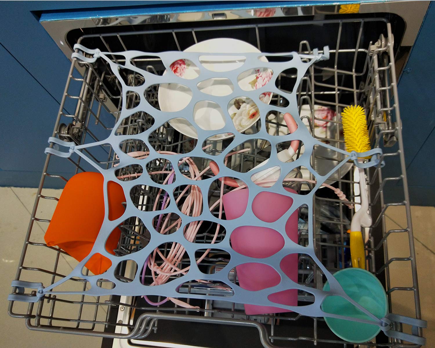 REVEX Silicone Dishwasher Basket for Baby Bottles & Utensils - Adjustable Hooks, Mesh Cover (9.8