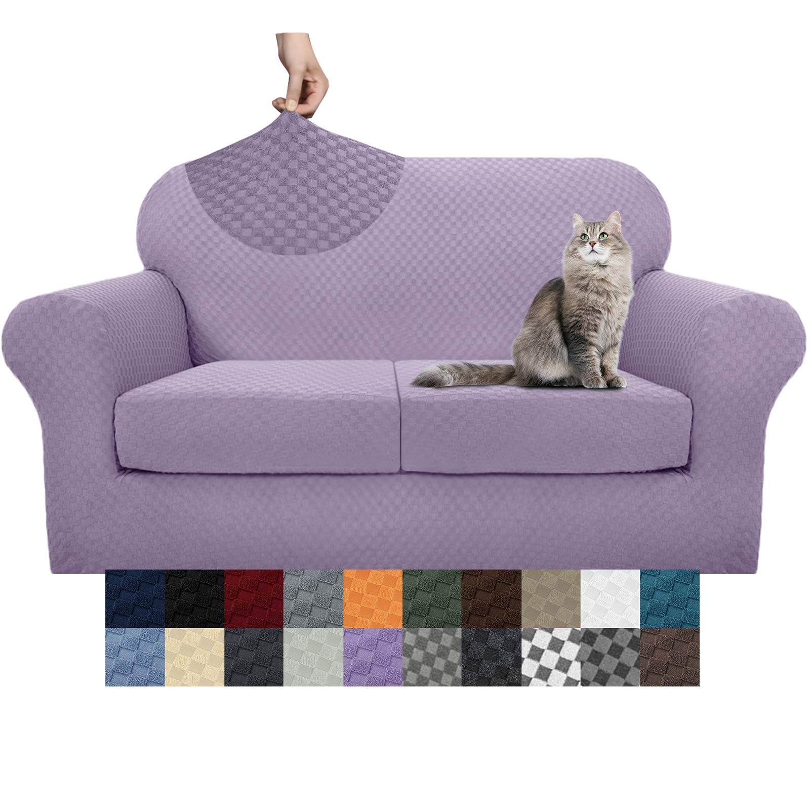 YEMYHOM 3-Piece Checkered Stretch Sofa Cover Set for 2-Cushion Couches - Anti-Slip Elastic Loveseat Slipcover Protector, Thickened Pet-Friendly Fabric (Medium, Light Purple) - Perfect for Living Room, Apartment & Pet Owners