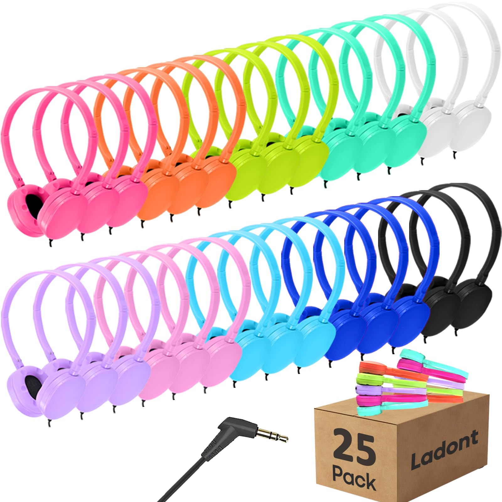 25 Pack Bulk Kids Classroom Headphones - Wired On-Ear Headphones for School Students, Children & Teens (10 Color Mix) - Perfect for Chromebooks, PCs & Computer Labs in Schools and Libraries