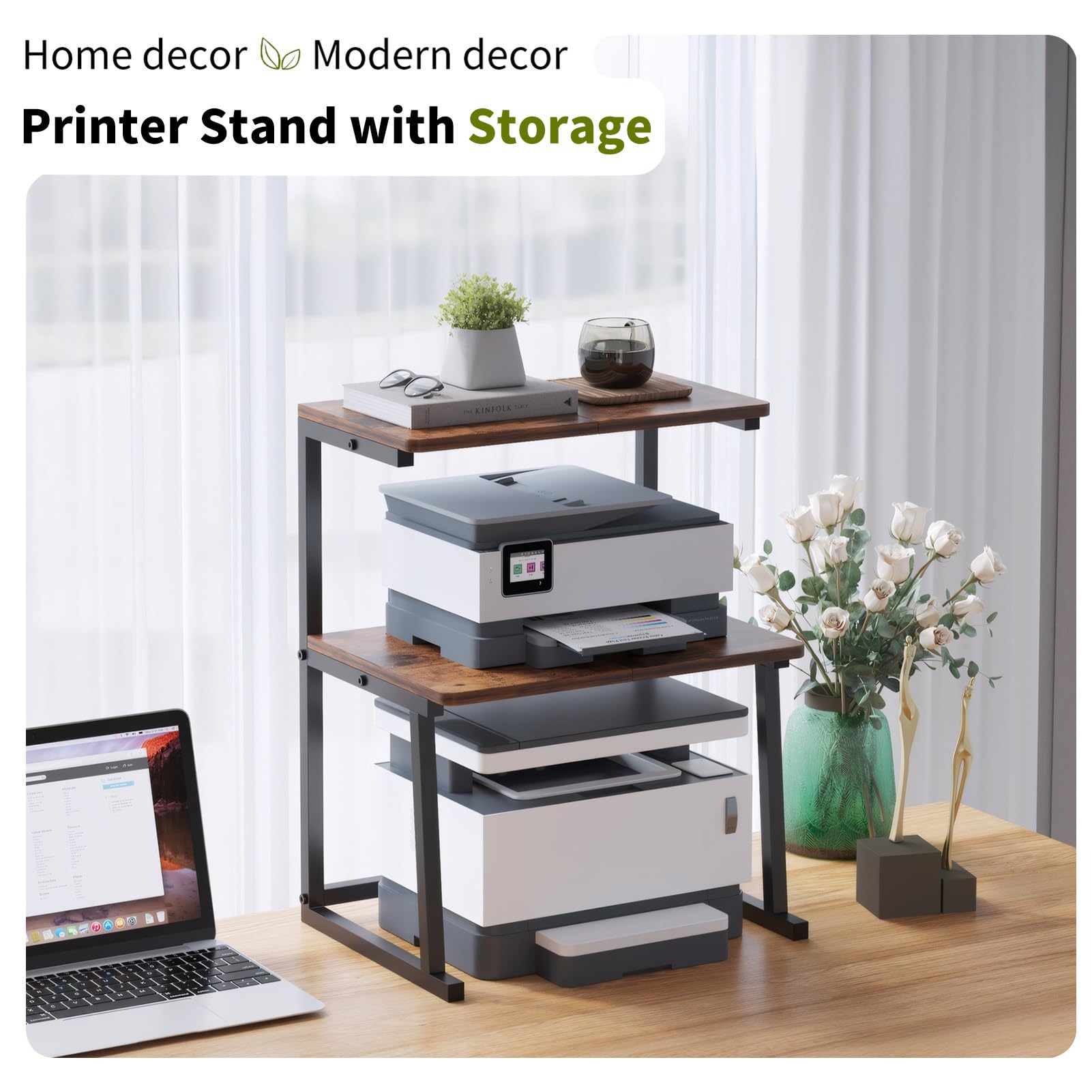3-Tier Desktop Printer Stand with Bookshelf - Space Saving Multifunctional Organizer for Home Office, Study & Small Spaces - Perfect for Printer, Books, Supplies & Decor