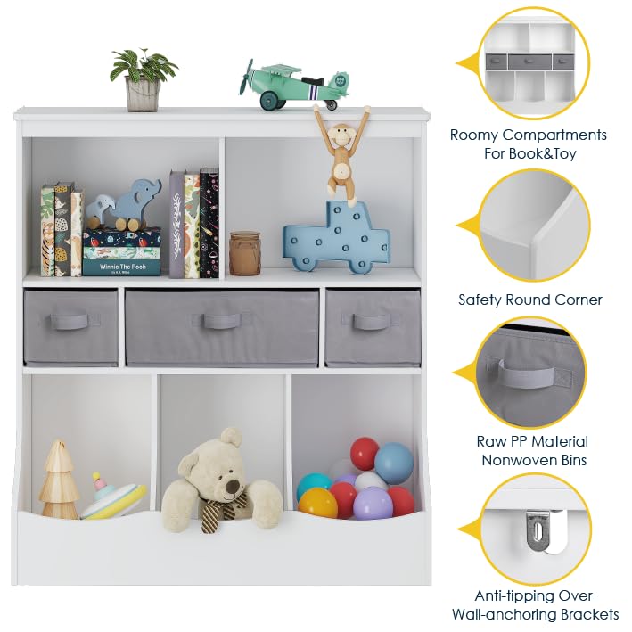 UTEX Kids Toy Storage Organizer with Bookcase - 8 Compartments & 3 Baskets, White Multi-Shelf Cubby for Books, Toys & Games - Perfect for Playrooms, Bedrooms & Daycare Centers