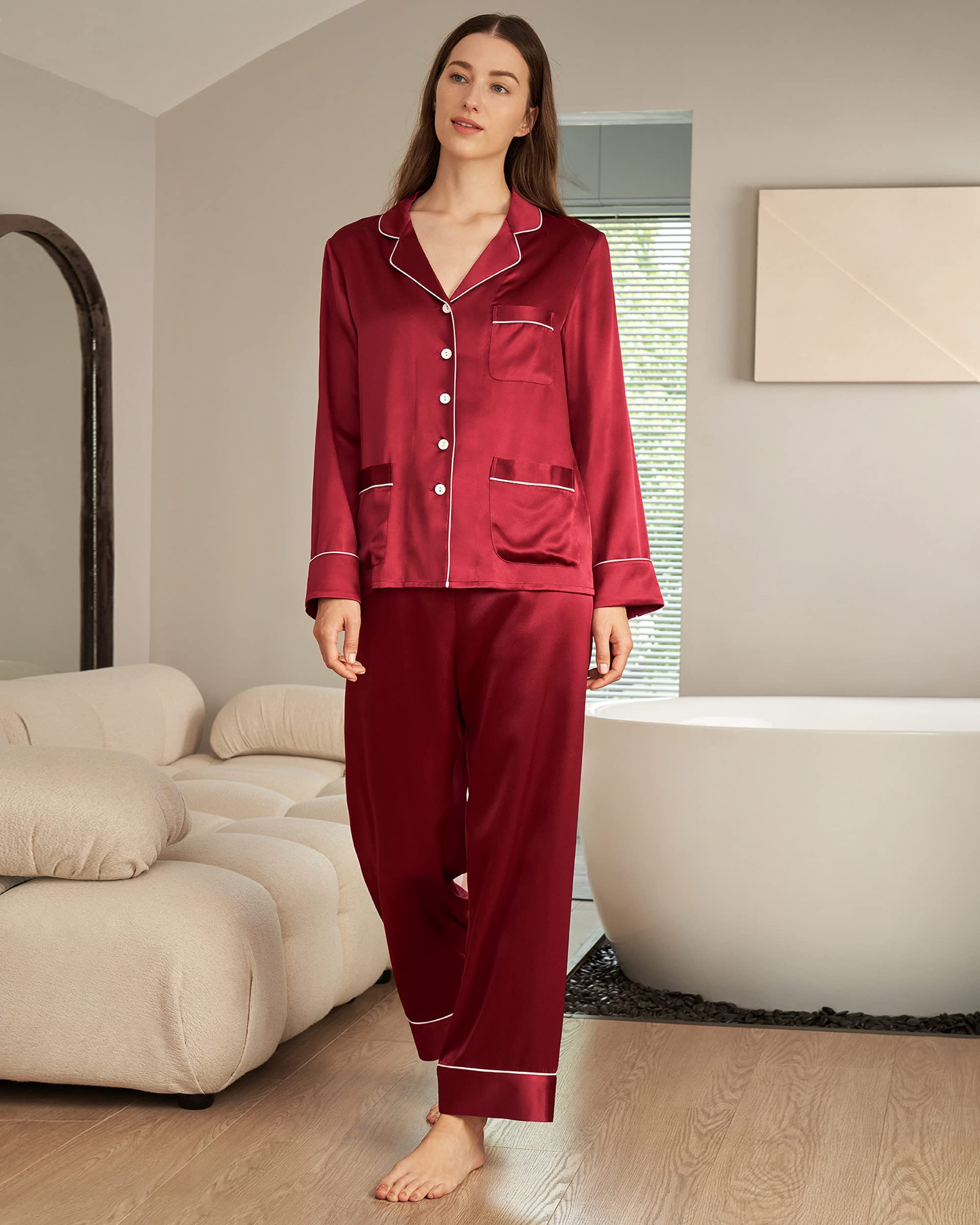 LilySilk Women's Long Silk Pajamas Set - V Neck Notched Collar with White Trim - Luxurious 100% Mulberry Silk Sleepwear for Women - Perfect for Relaxing at Home, Spa Days & Romantic Getaways
