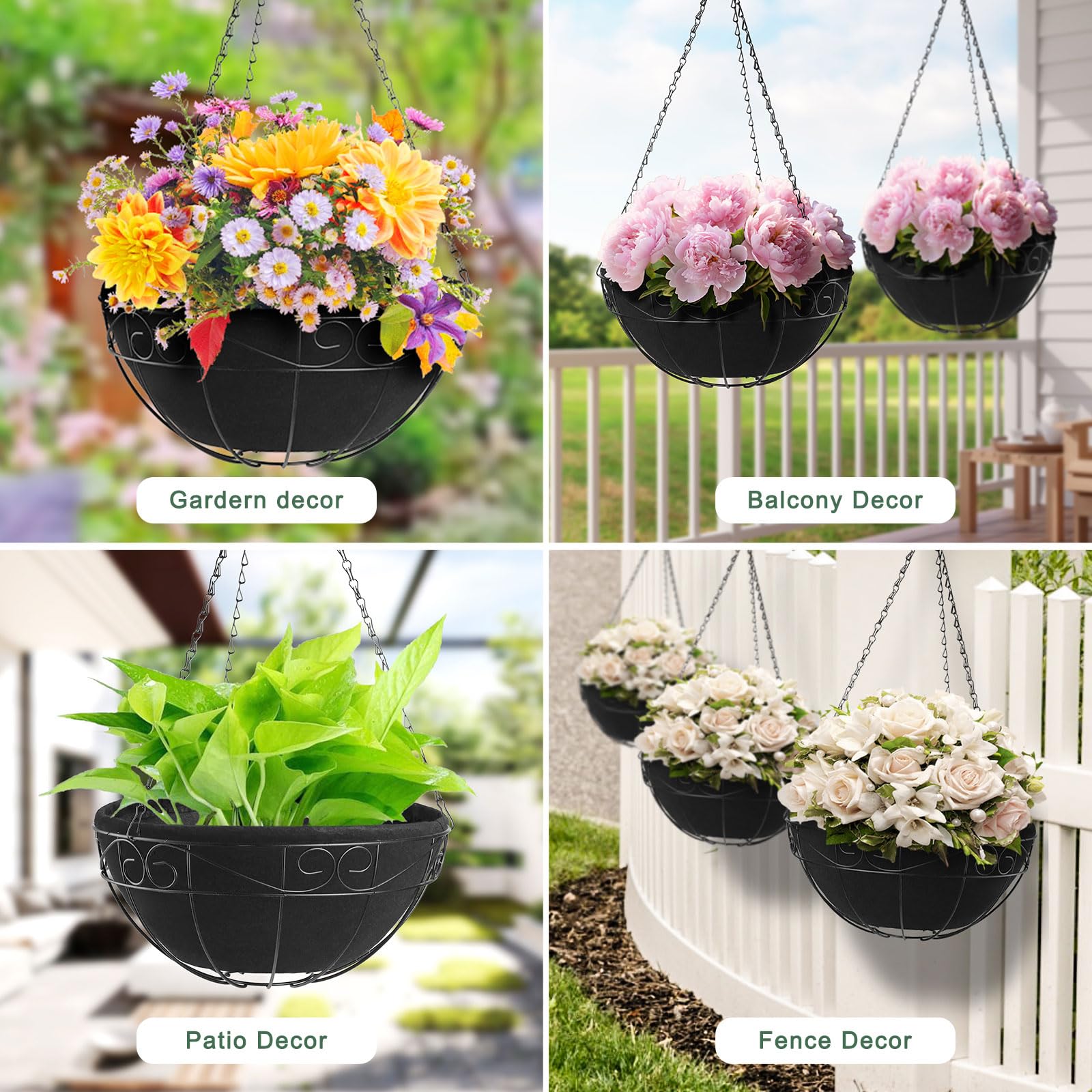 20 Inch Non-Woven Fabric Plant Grow Bags - 4 Pack Coco Liner Window Basket for Indoor/Outdoor Gardening - Trough Shaped Wall & Deck Planters with Round Hanging Basket - Perfect for Flowers, Vegetables, and Herbs on Balcony, Patio, or Garden Decor
