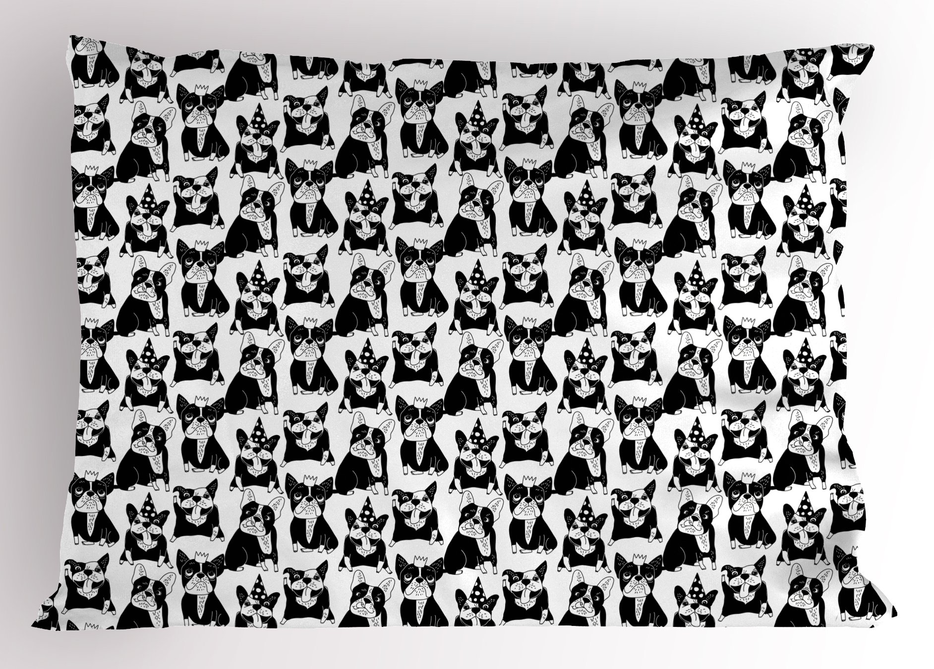 Ambesonne Bulldog Pillow Sham - Playful Doodle Style Pet Design with Party Hats & Crowns - Decorative Queen Size Printed Pillowcase 30x20 Inches - Black & White - Perfect for Pet Lovers' Home Decor & Living Room Accent