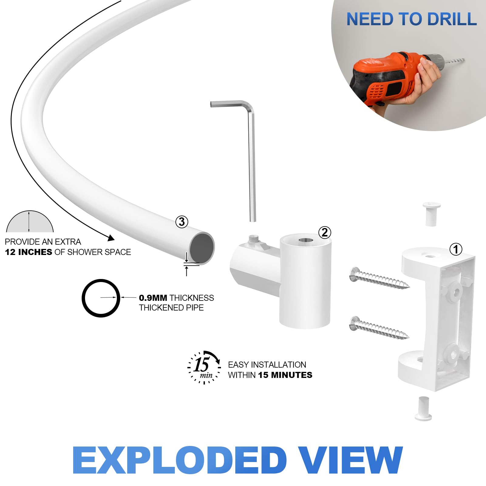 Adjustable Curved Shower Curtain Rod 38-72 Inches - Heavy Duty Metal Round Shower Rod with Rotating Brackets for Spacious Bathrooms (White, Requires Drilling) | Perfect for Modern Bathrooms & Walk-In Showers