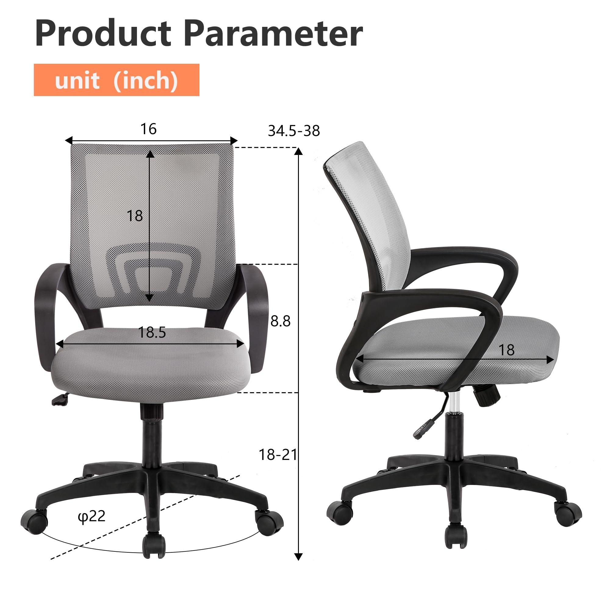 Ergonomic Mesh Office Chair with Adjustable Lumbar Support & 360 Swivel - High Density Breathable Computer Desk Chair for Home & Executive Use - Perfect for Long Hours of Work & Gaming (Set of 2, Gray)