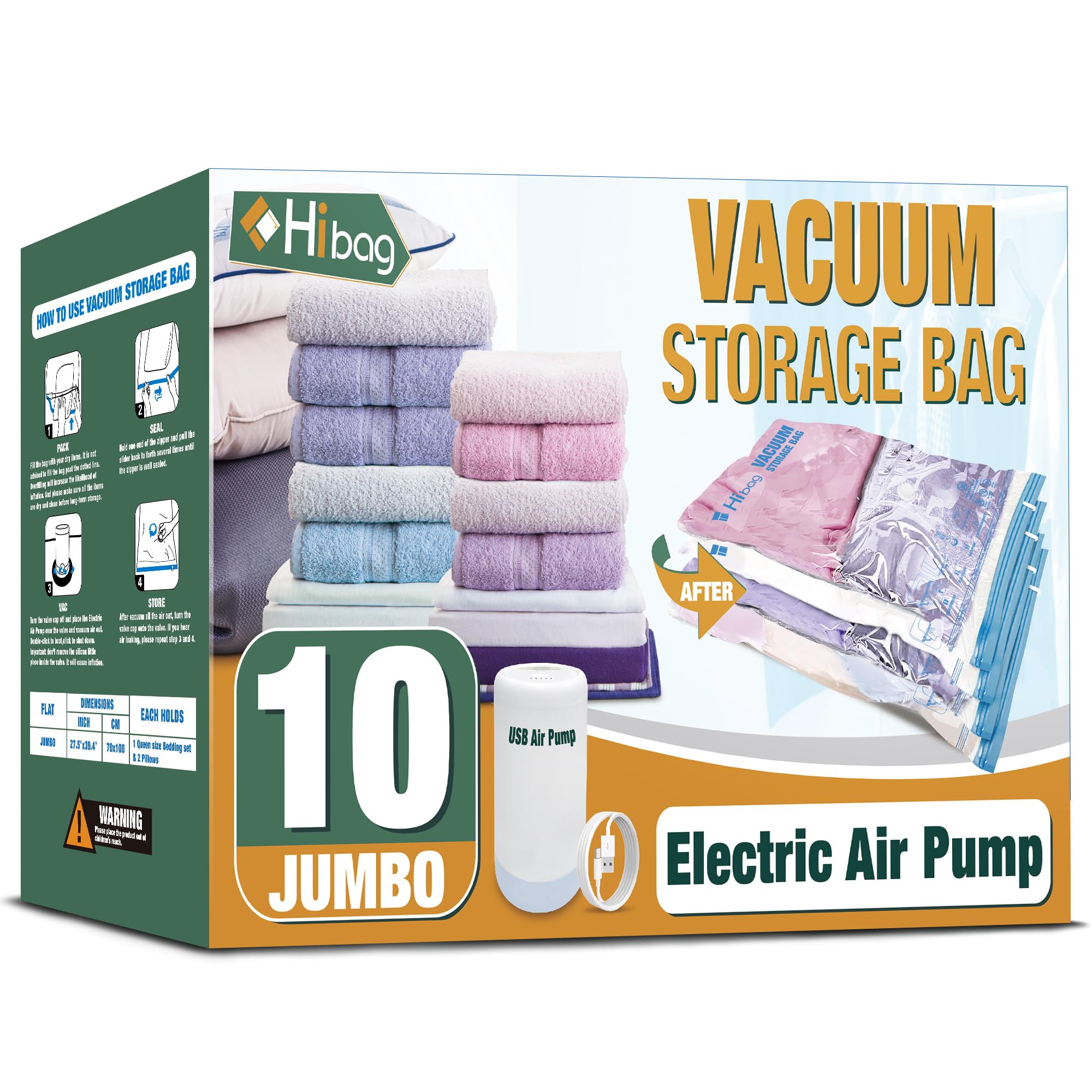HIBAG Vacuum Storage Bags with Electric Pump - 10 Pack Space Saver Bags for Clothes, Pillows, Blankets & Bedding | Perfect for Closet Organization, Seasonal Storage & Travel Packing