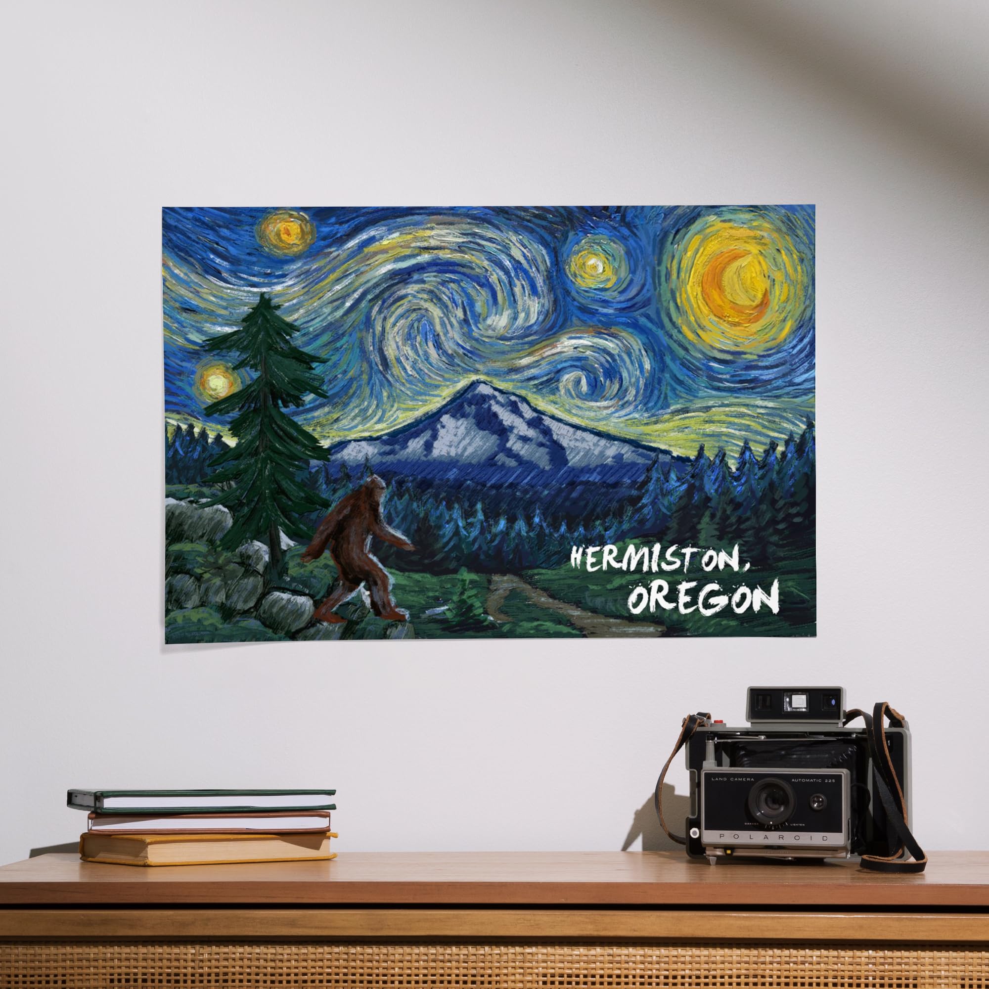 Lantern Press 16x24 Inch Giclee Art Print - Hermiston Oregon Bigfoot Starry Night Wall Decor - Perfect for Living Room, Bedroom & Office