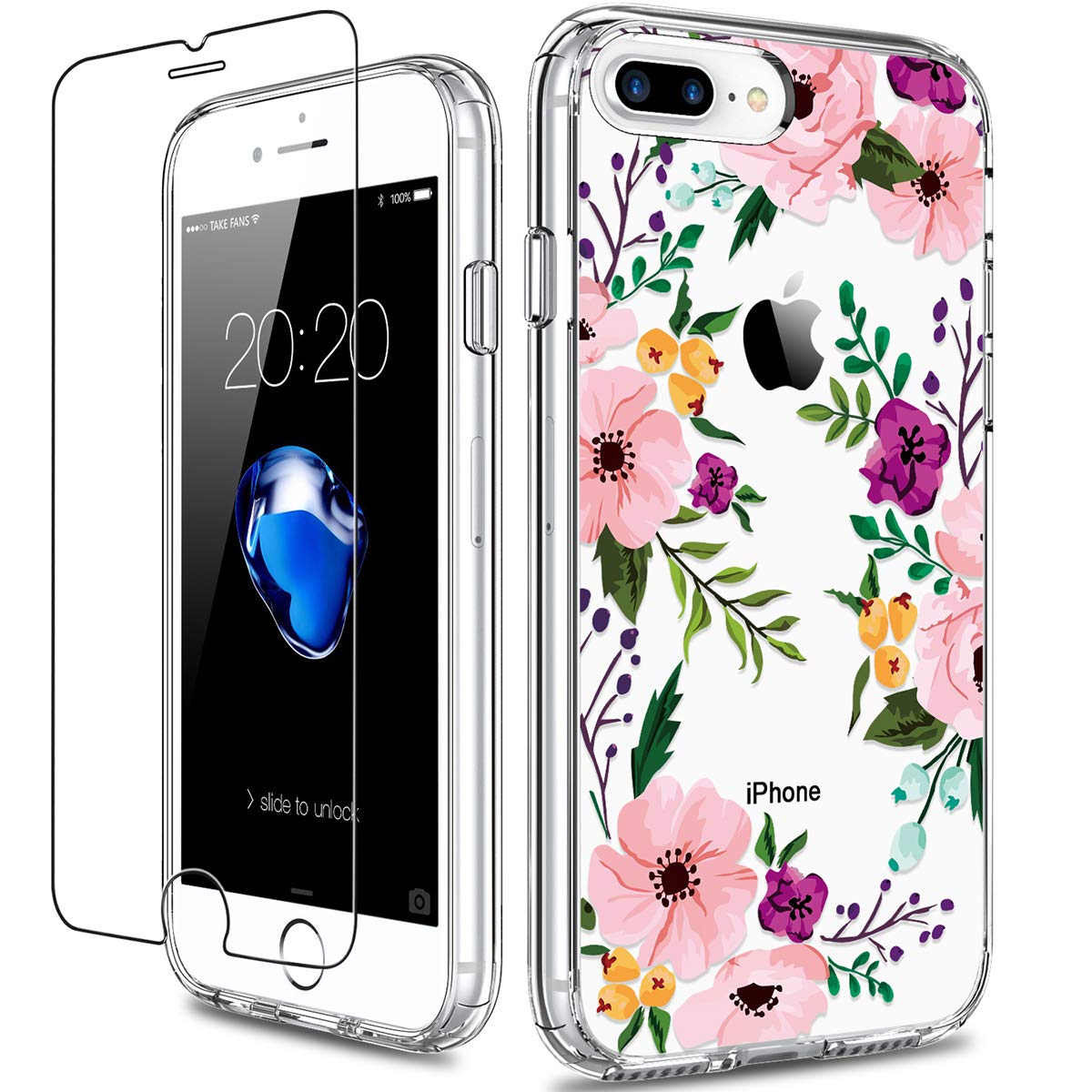 GiiKa Clear Heavy Duty Protective Case for iPhone 8 Plus/7 Plus with Screen Protector - Floral Design TPU Bumper Cover for Women & Girls | Perfect for Everyday Use, Work, and Travel Protection