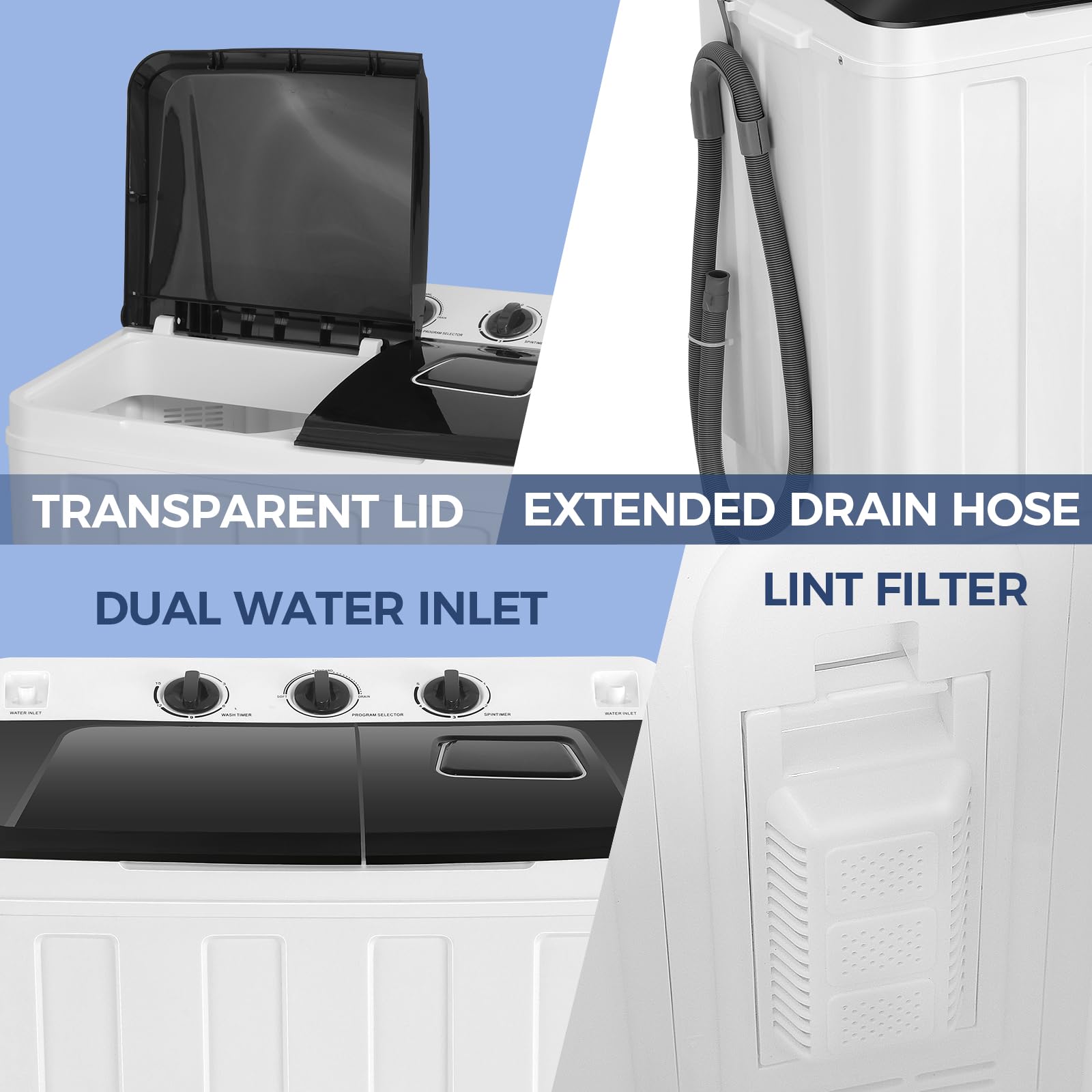 30Lbs Capacity Portable Twin Tub Washing Machine with Built-in Drain Pump - Compact Washer & Spin Dryer Combo (19Lbs Wash + 11Lbs Spin) - Perfect for Apartments, Dorms, RVs & Small Spaces - Ideal for Travel, Camping & Off-Grid Living