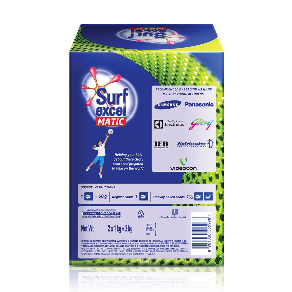 Surf Excel Quick Wash & Matic Top Load Laundry Detergent Powder - 2kg Each | Fast Cleaning for Stains | Ideal for Top Load Washing Machines & Quick Wash Cycles