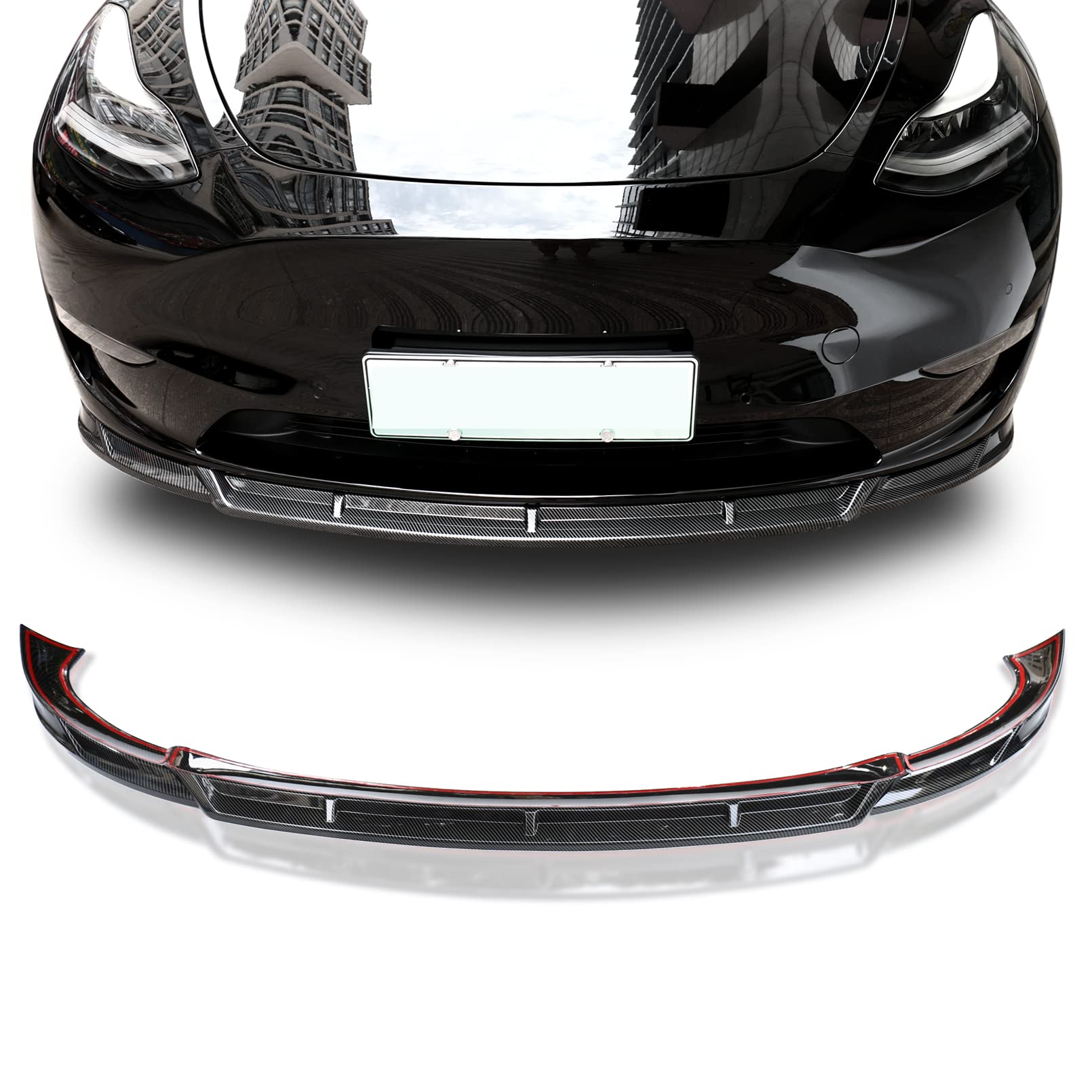 Glossy Carbon Fiber Front Bumper Lip Spoiler Kit for 2021-2022 Tesla Model Y - Body Trim Protection & Style Upgrade - Perfect for Street Racing & Car Shows