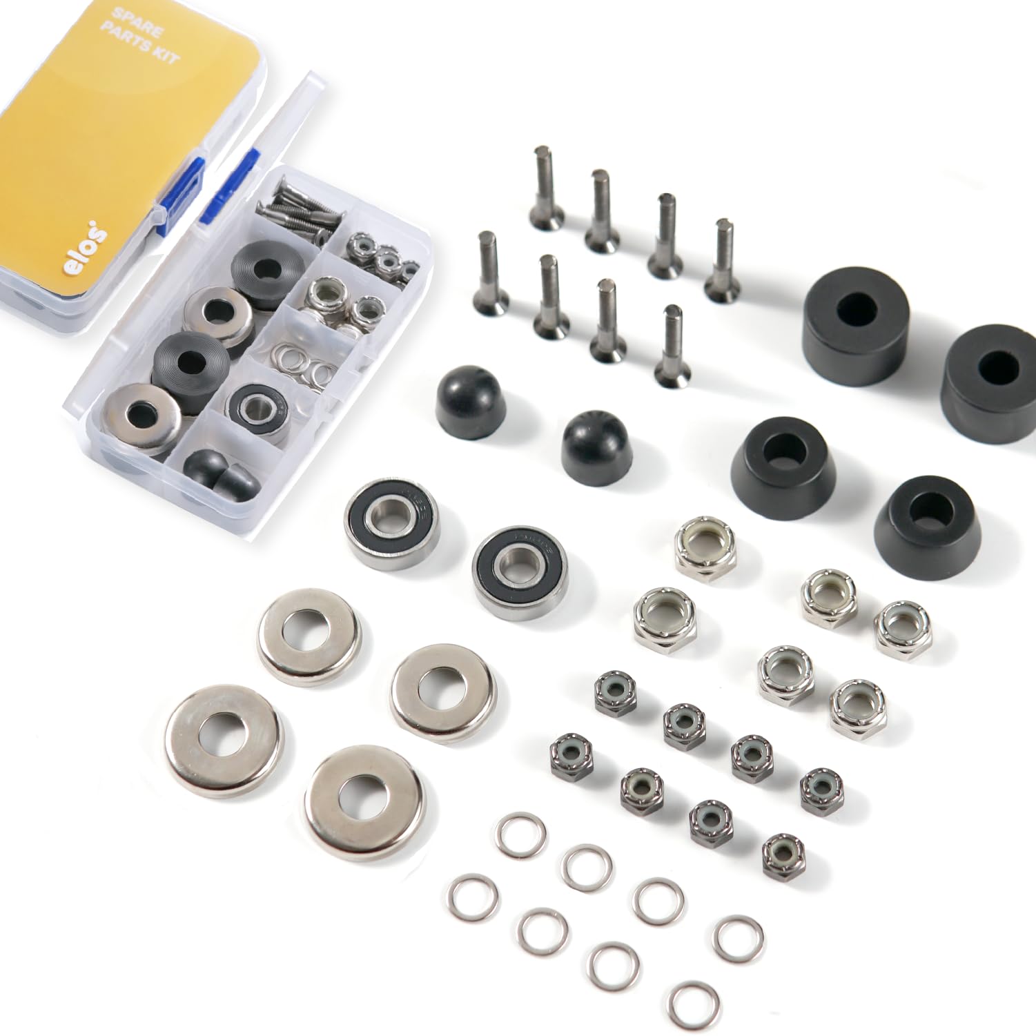 ELOS Complete Skateboard Hardware Kit - Skateboard Trucks Mounting Set with Bearings, Bushings, Kingpins, Pivot Cups, Nuts & Bolts | Durable Skateboard Accessories & Replacement Parts for Smooth Riding & Tricks | Perfect for Street Skating, Park Riding & DIY Skateboard Maintenance