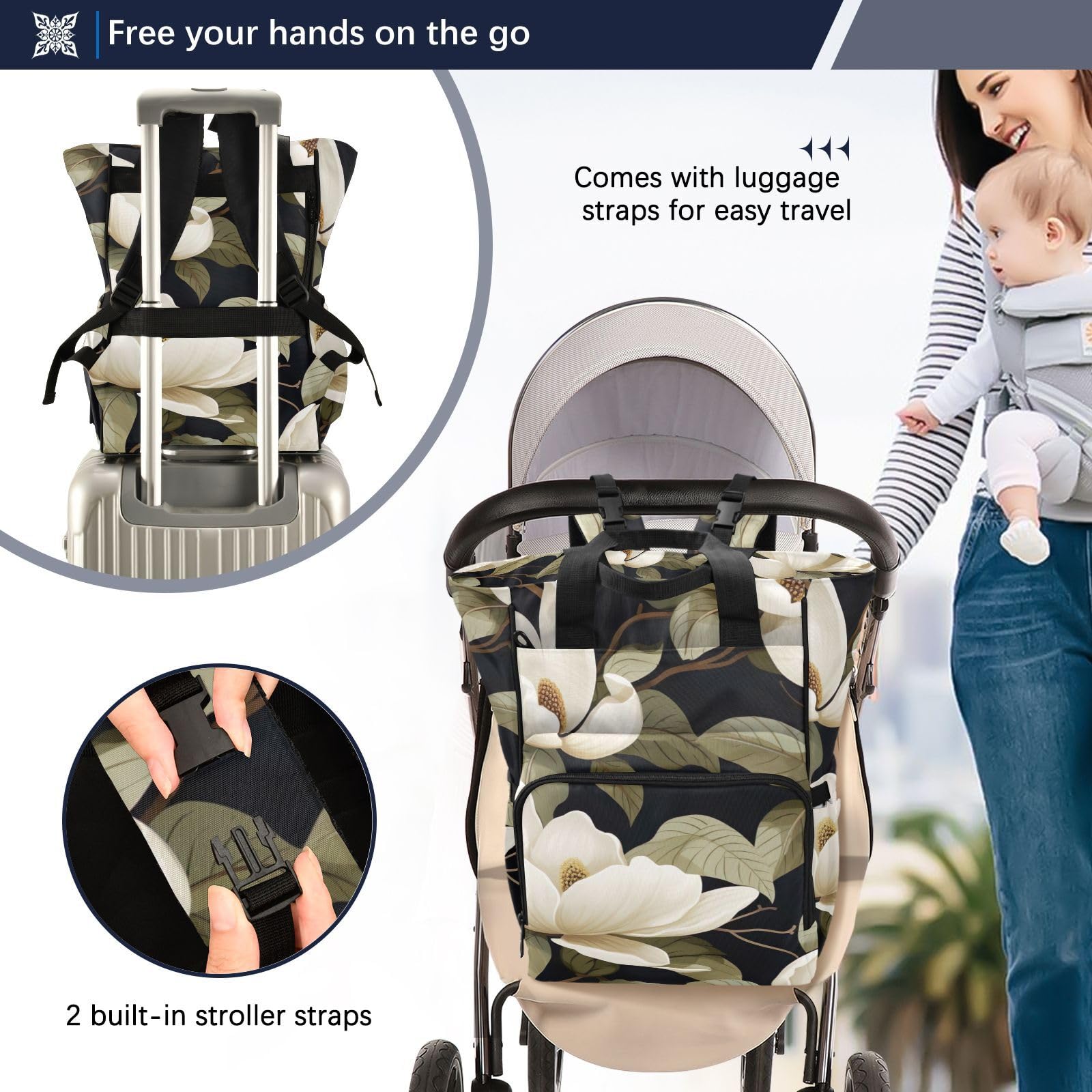 SPRIPORT White Magnolia Flower Diaper Backpack for Baby Boys & Girls - Large Multifunctional Travel Tote with Stroller Straps & Bottle Storage - Perfect for Moms Traveling, Shopping, Hiking & Outdoor Activities